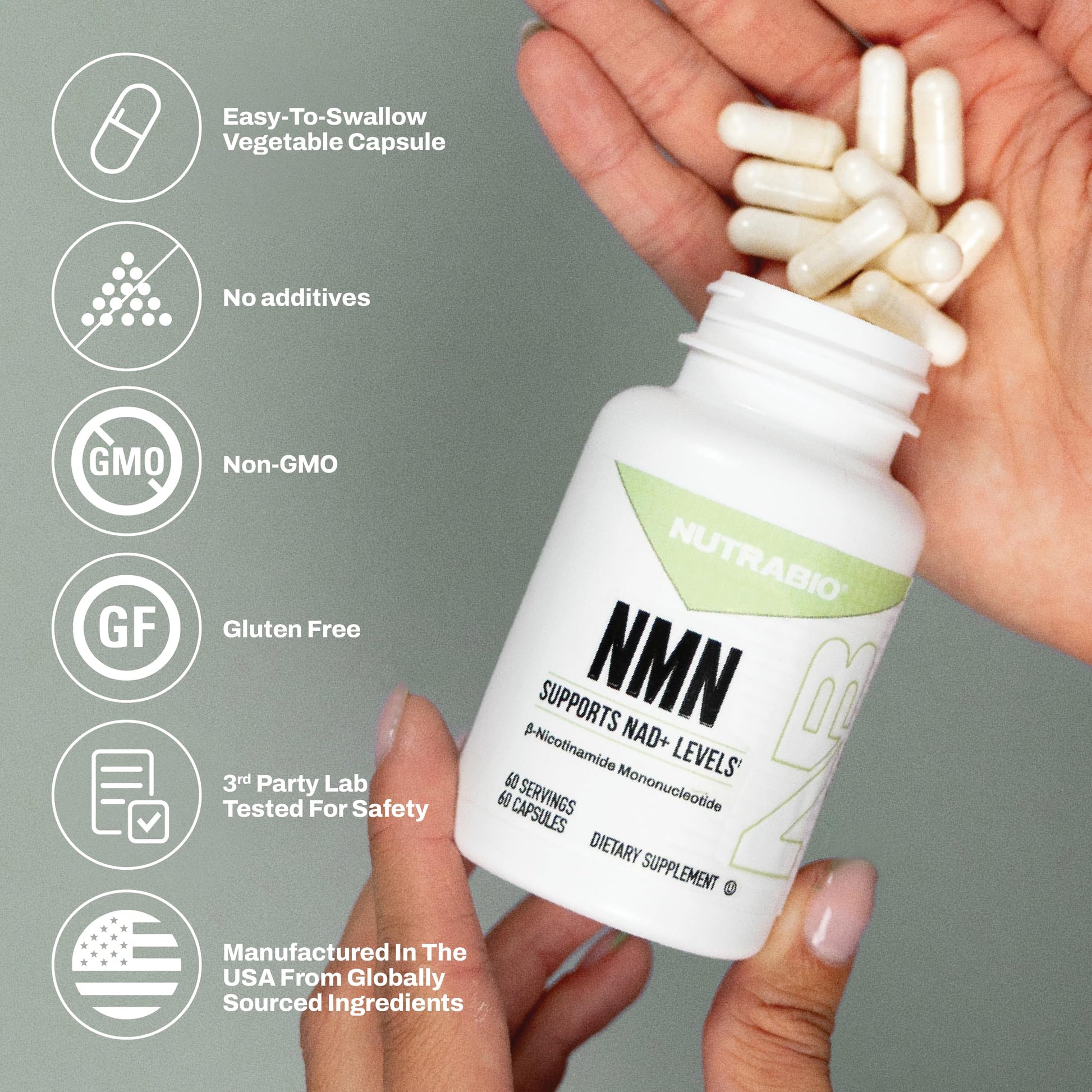 NutraBio NMN - NAD Supplement, Longevity Support, Boost NAD Levels, Increase Cellular Energy, Brain Health, Healthy Aging- 60 Servings- 60 Capsules NutraBioAu supplements