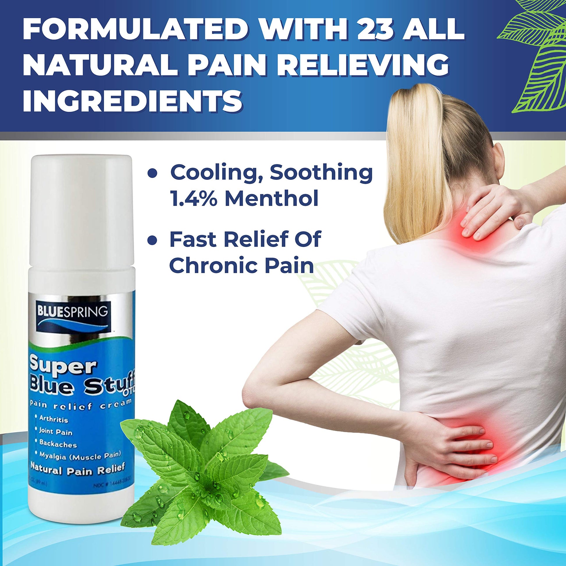 Super Blue Stuff Natural Pain Relief roll on with Emu Oil by BlueSpring- Pain relief rub Anti Inflammatory Analgesic Cream for Back, Knee, Joint, Muscle, Arthritis, and neck Pain Relief- 3 Oz roll-on. Emu TherapyAu supplements