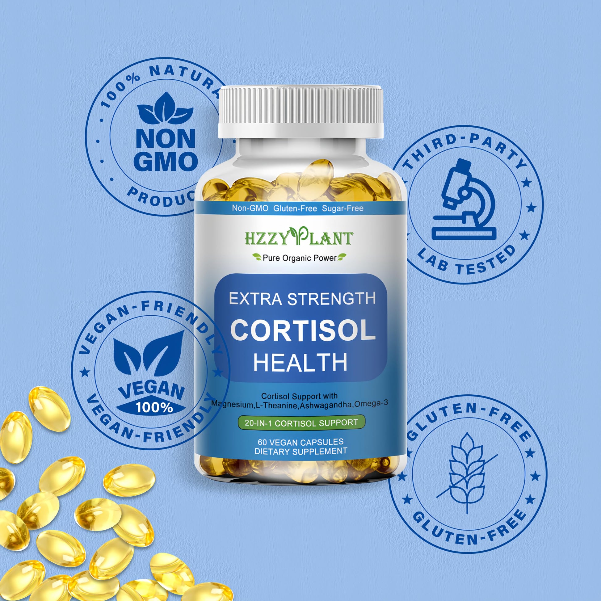 Cortisol Supplements for Women and Men Softgels with Phosphatidylserine Magnesium Ashwagandha L-Theanine,High Absorption Cortisol Detox Capsules for Sleep Relaxation Stress Relief,Non-GMO,60 Servings HZZYPLANTAu supplements