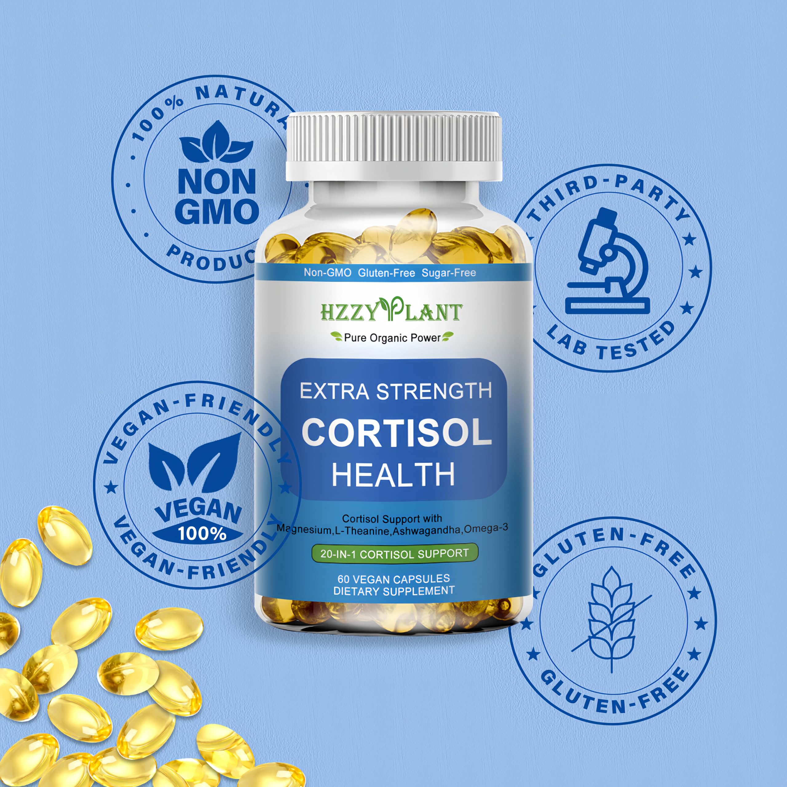 Cortisol Supplements for Women and Men Softgels with Phosphatidylserine Magnesium Ashwagandha L-Theanine,High Absorption Cortisol Detox Capsules for Sleep Relaxation Stress Relief,Non-GMO,60 Servings HZZYPLANTAu supplements