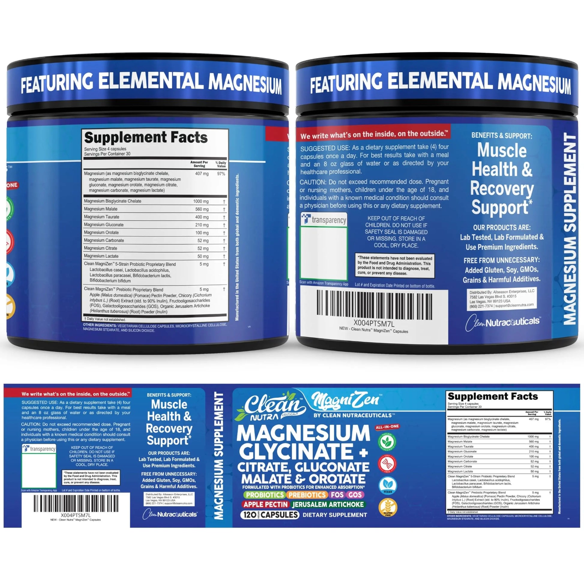 Clean Nutra Magnesium Glycinate Citrate Malate Orotate Taurate Supplement Complex + 10 Strain Probiotic Prebiotics FOS GOS Inulin Sleep Calm Support Apple Pectin – 120 Vegan Capsules Clean Nutraceuticalsnz supplements