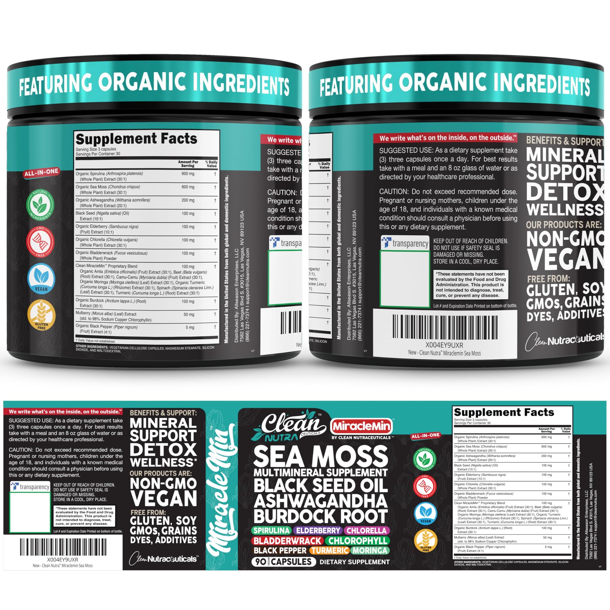 Clean Nutra Organic Sea Moss Capsules with Ashwagandha, Black Seed Oil, Burdock Root, Bladderwrack, Moringa, Chlorella, Spirulina, Turmeric, Elderberry, Amla – 90 Vegan Capsules – MiracleMin Clean NutraceuticalsAu supplements
