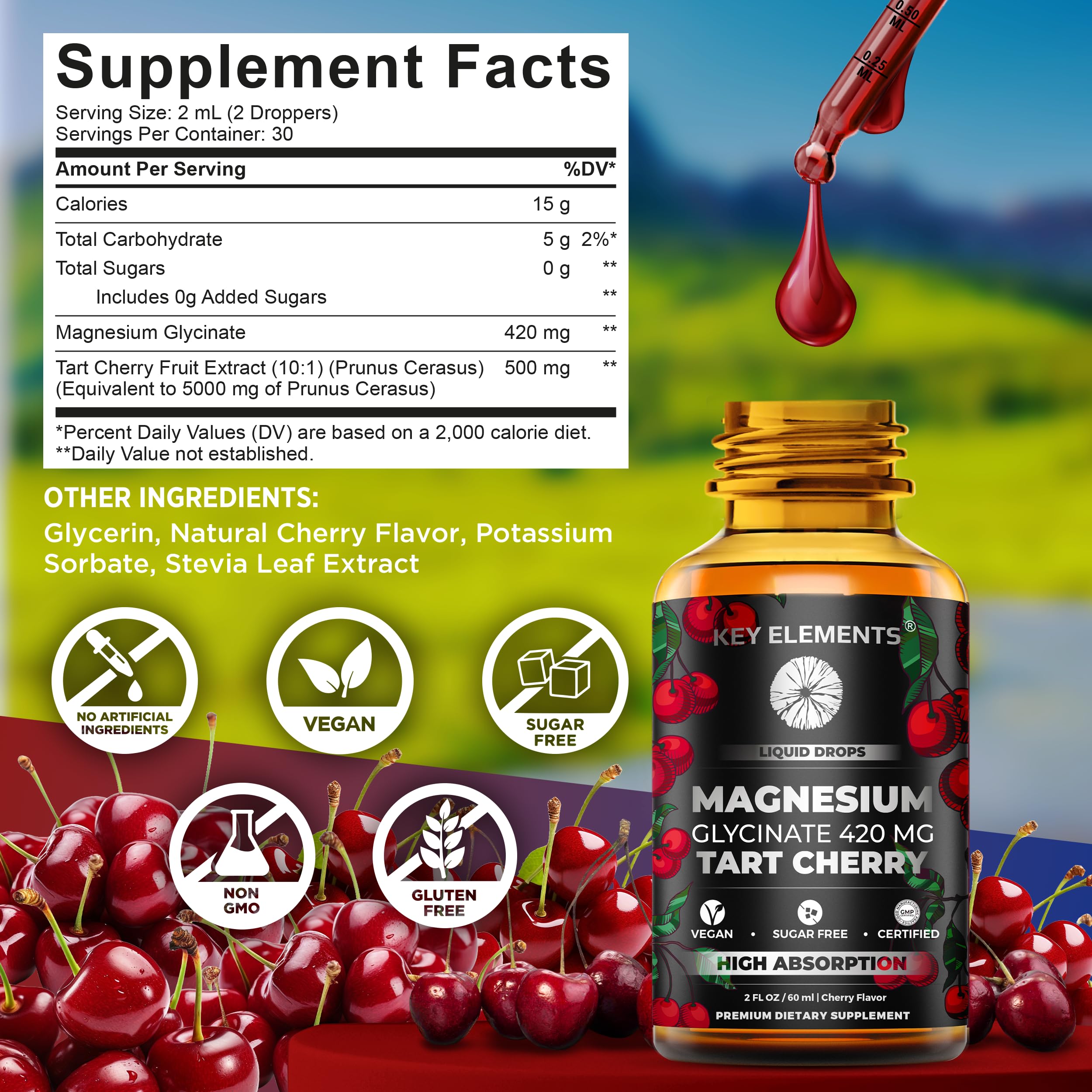 Liquid Magnesium Glycinate 420 Mg with Natural Tart Cherry Extract | Magnesium Glycinate Drops Supplement for Sleep, Mood & Mobility Support | Tart Cherry Extract KEY ELEMENTSAu supplements