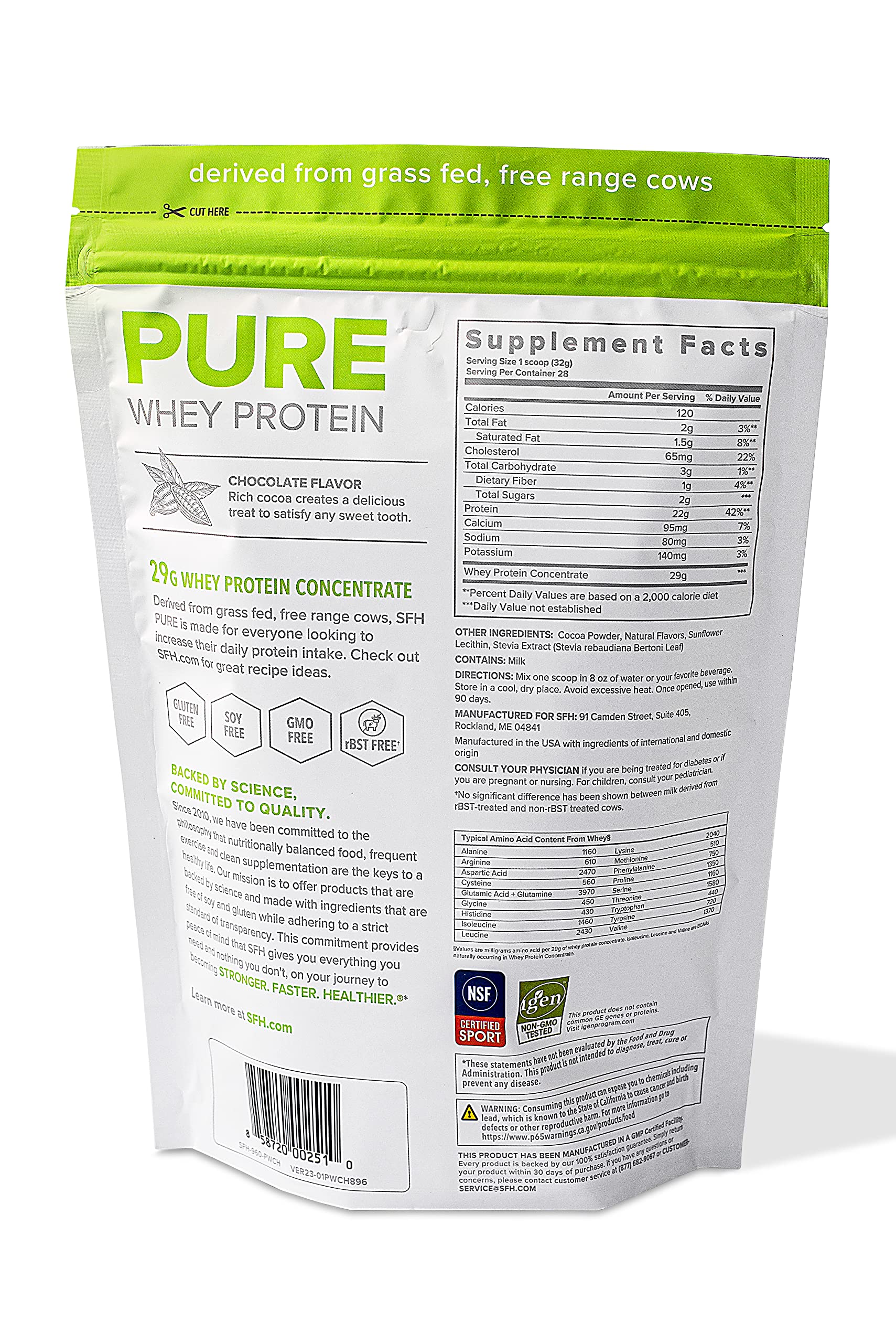 SFH Pure Whey Protein Powder (Chocolate) Best Tasting 100% Grass Fed Whey SFHUS supplements
