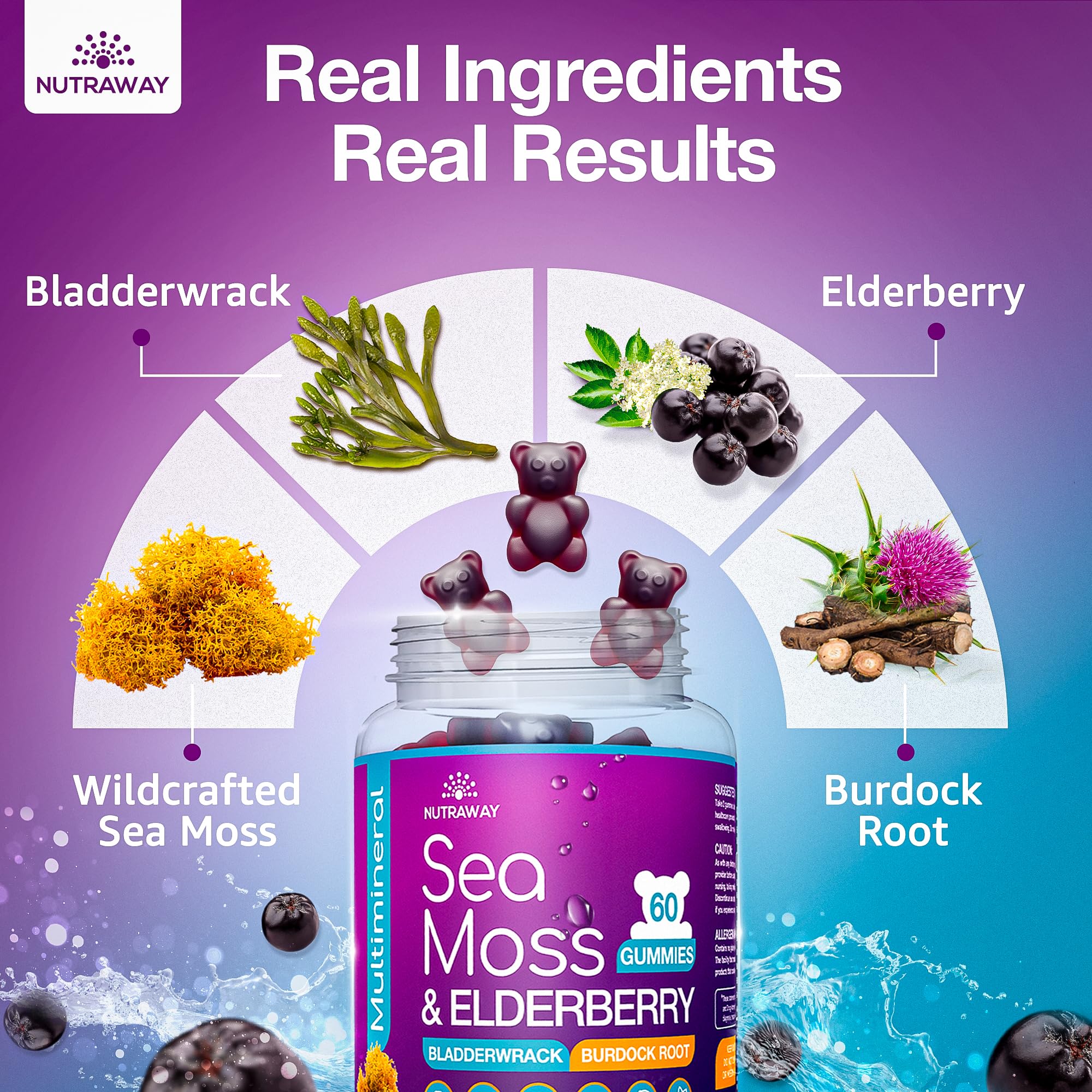 NUTRAWAY LABS Sea Moss Gummies with Elderberry, Vitamin C & Zinc - 102 Minerals from Irish Sea Moss, Bladderwrack & Burdock Root for Immune Support - Vegan Seamoss Supplement (Pack of 1) NUTRAWAY LABSAu supplements