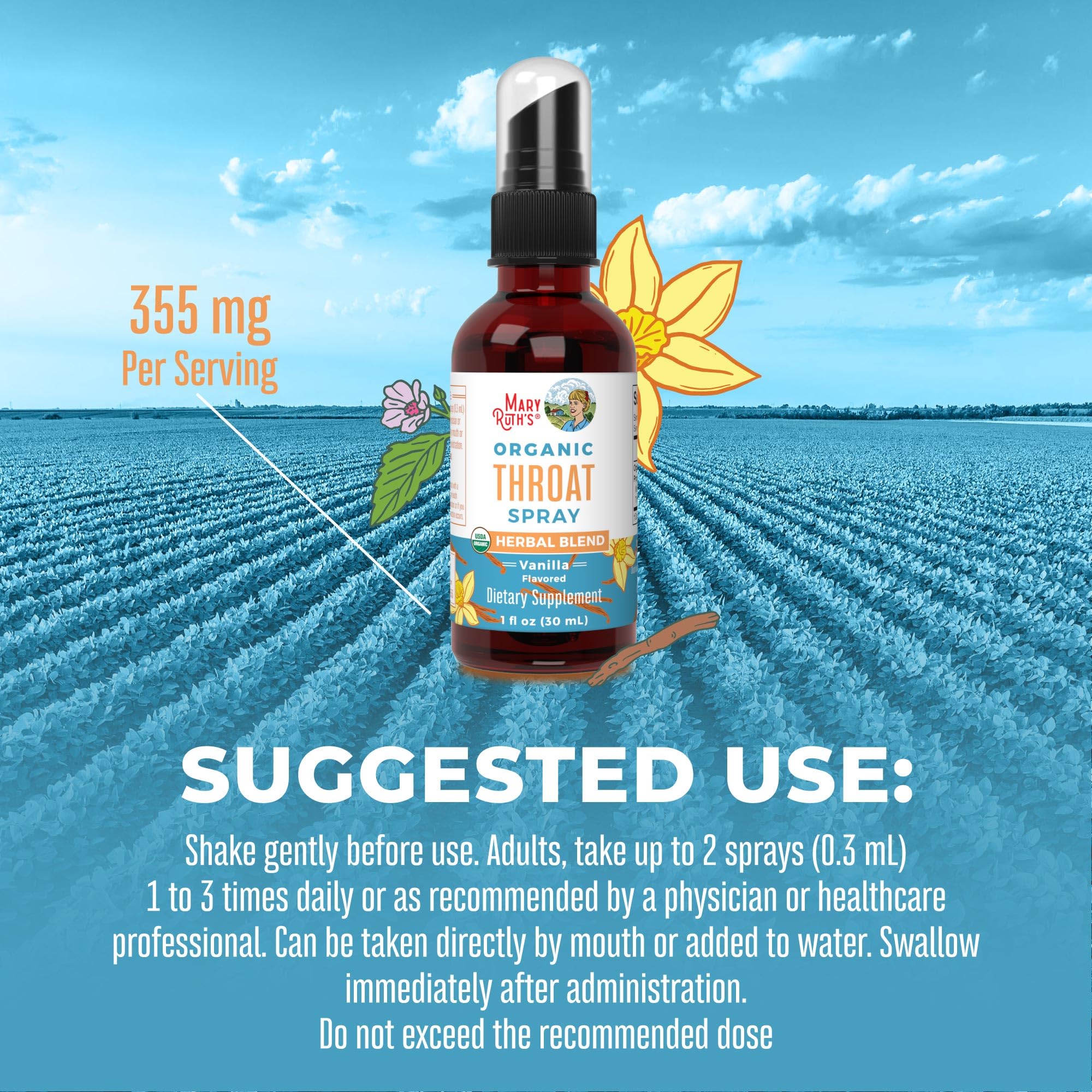 MaryRuth Organics USDA Organic Throat Spray with Mullein Leaf | Marshmallow Root & Licorice Root & Thyme Leaf | Vanilla | 4 Herbal Blend | Non-GMO | Vegan | Gluten Free | 1 Fl Oz | Up to 100 Servings MARYRUTH'SUS supplements