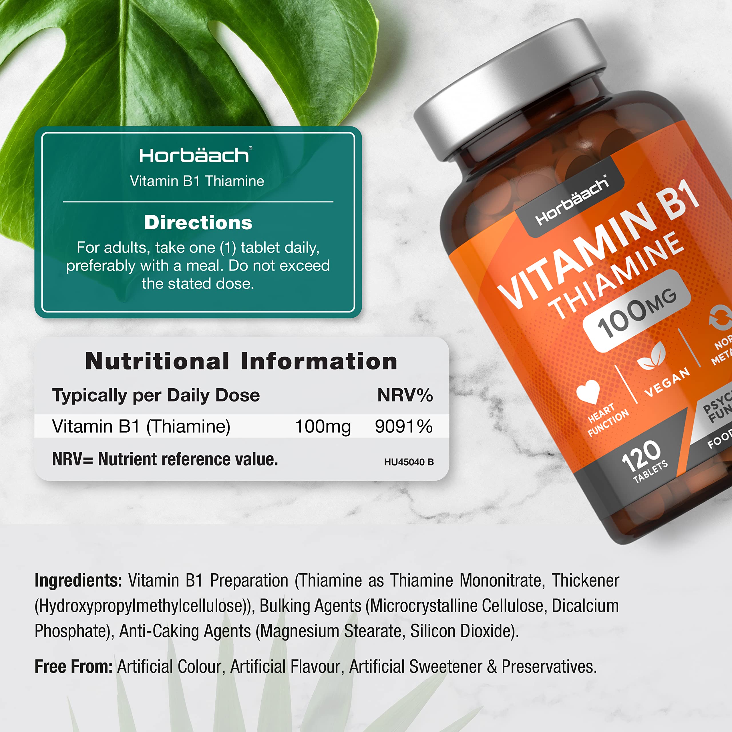 Vitamin B1 Thiamine High Strength 100mg | 120 Vegan Tablets | No Artificial HorbäachUS supplements