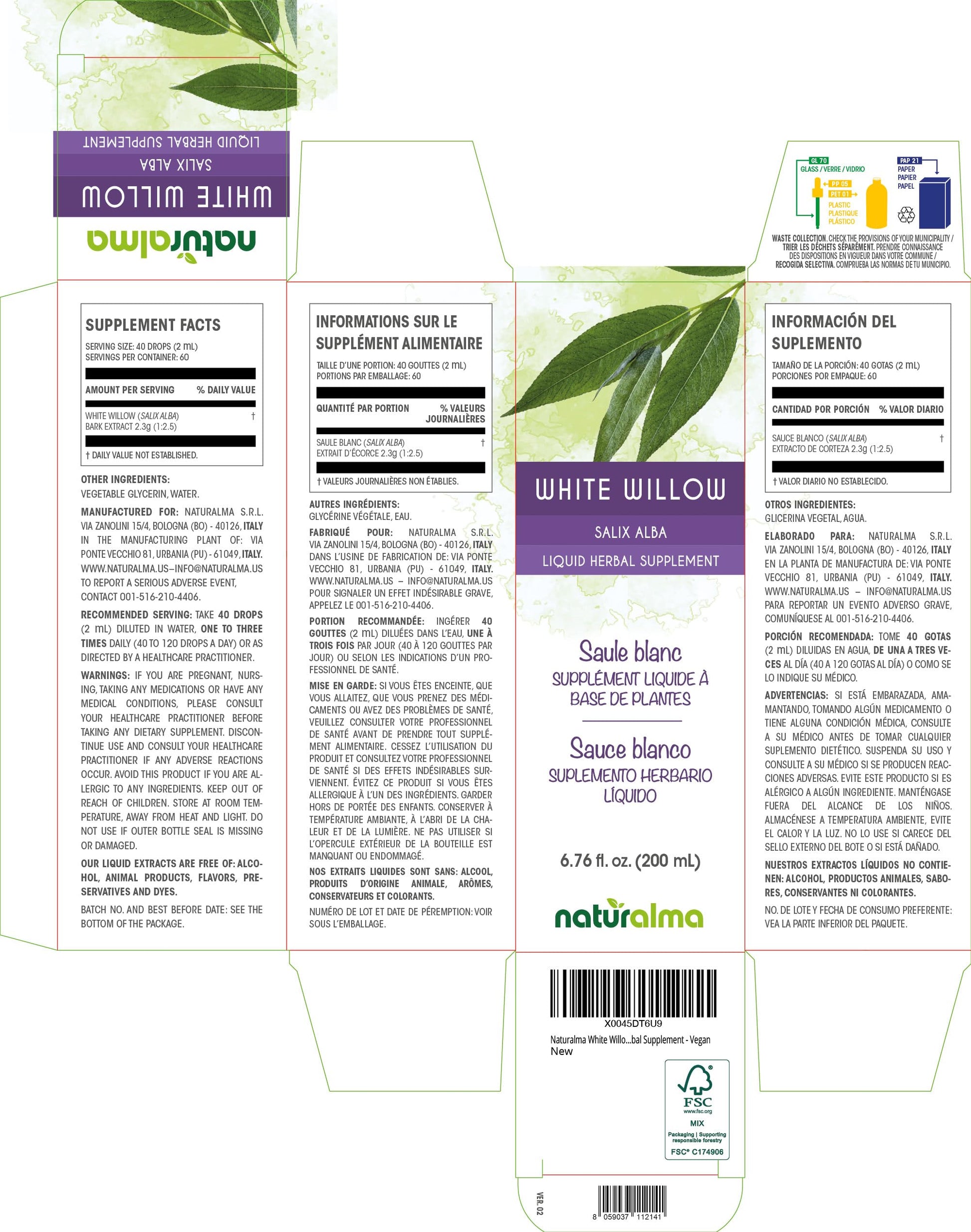 Naturalma White Willow (Salix alba) bark Alcohol-Free Tincture - 6.76 fl oz Liquid Extract in Drops - Herbal Supplement - Vegan NaturalmaAu supplements