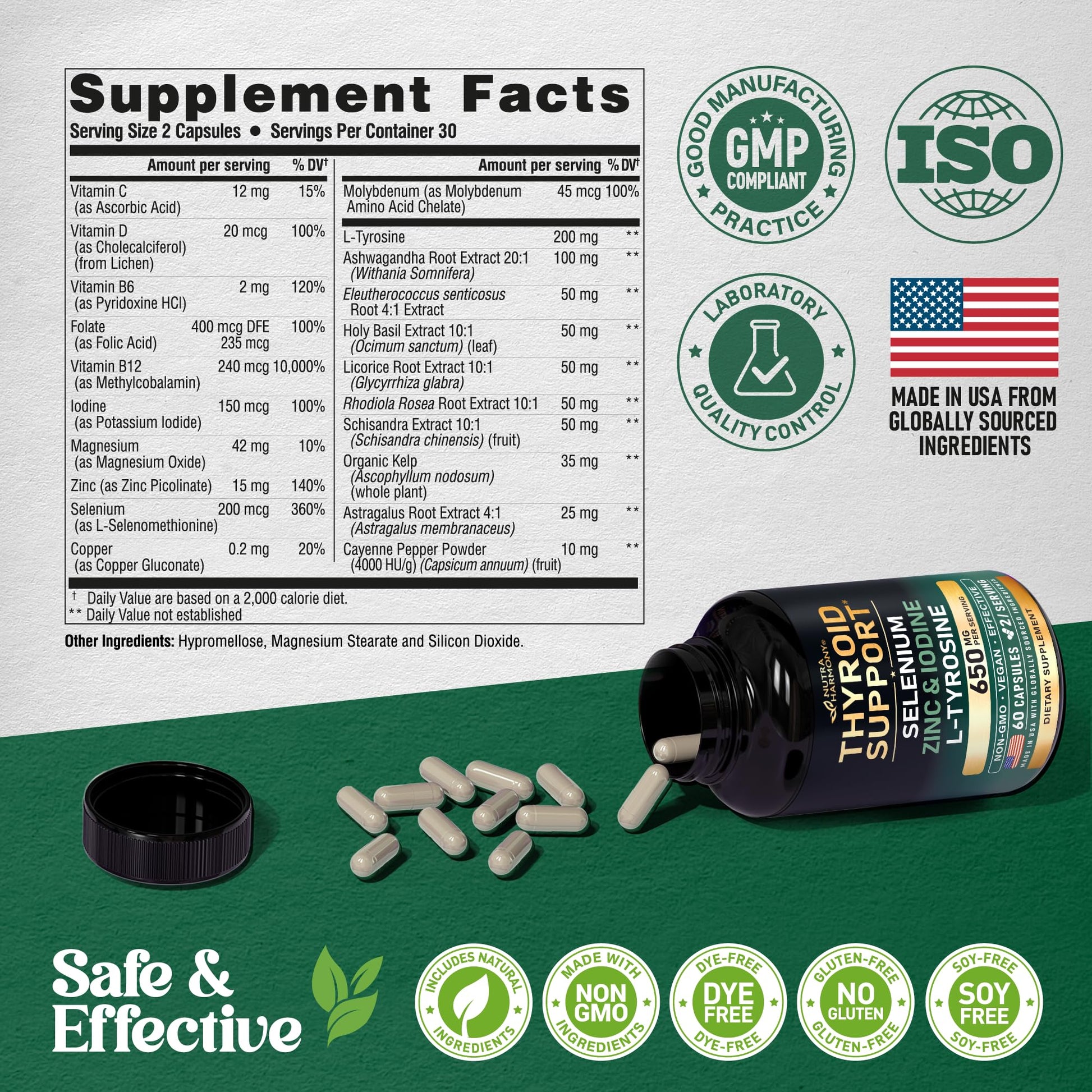 Thyroid Support for Women - Selenium 200 mcg | Astragalus | Zinc & Iodine | L-Tyrosine | Adaptogen Herbs - 21-in-1 Antioxidant & Immune Support - Made in USA - Vegan, Non-GMO, Lab Tested - 60 Capsules NUTRAHARMONYAu supplements