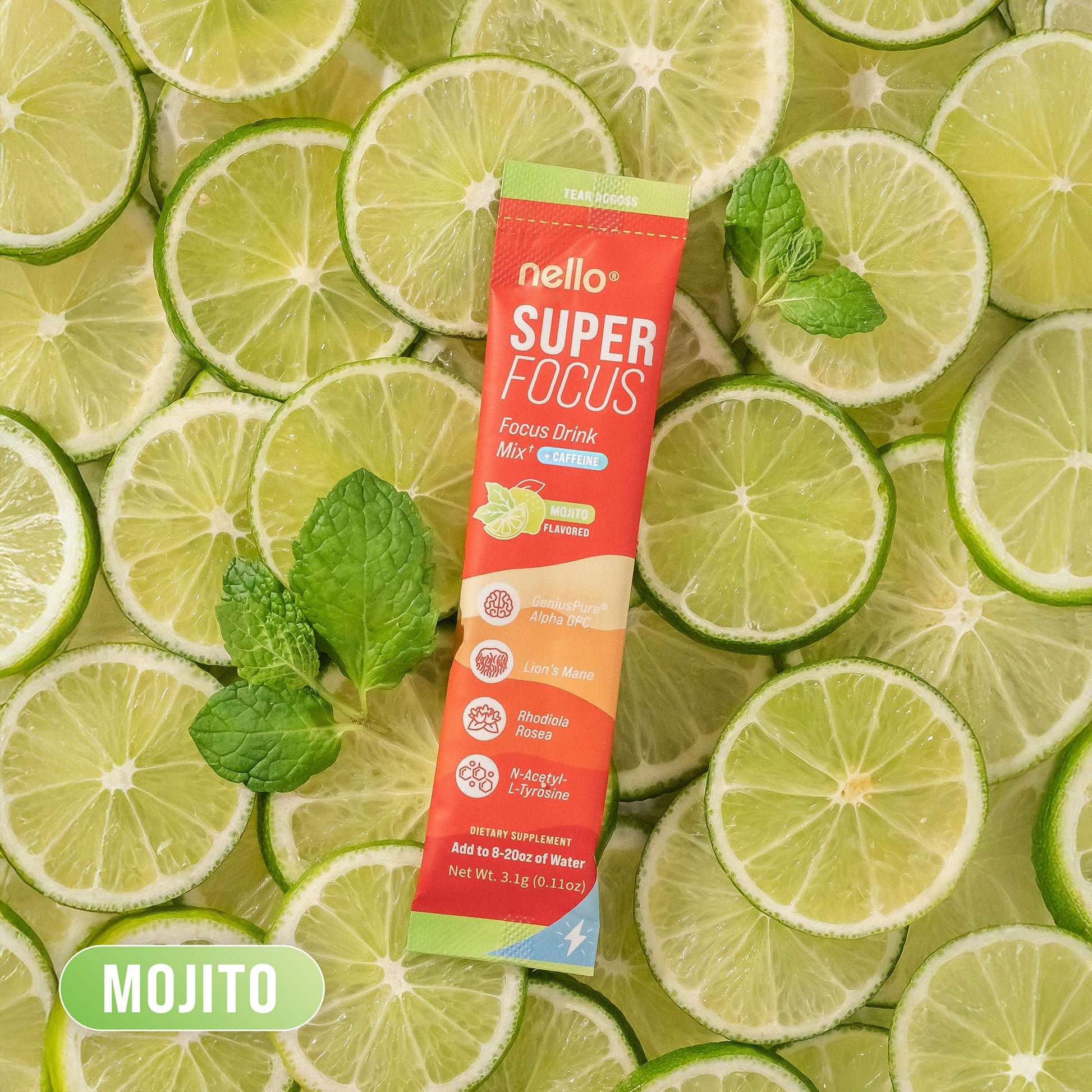Nello Superfocus Mojito with Caffeine Nootropic Focus Drink Mix, 20 On-The-Go Packets, Alpha GPC, Lions Mane, Rhodiola, Sugar-Free NelloAu supplements