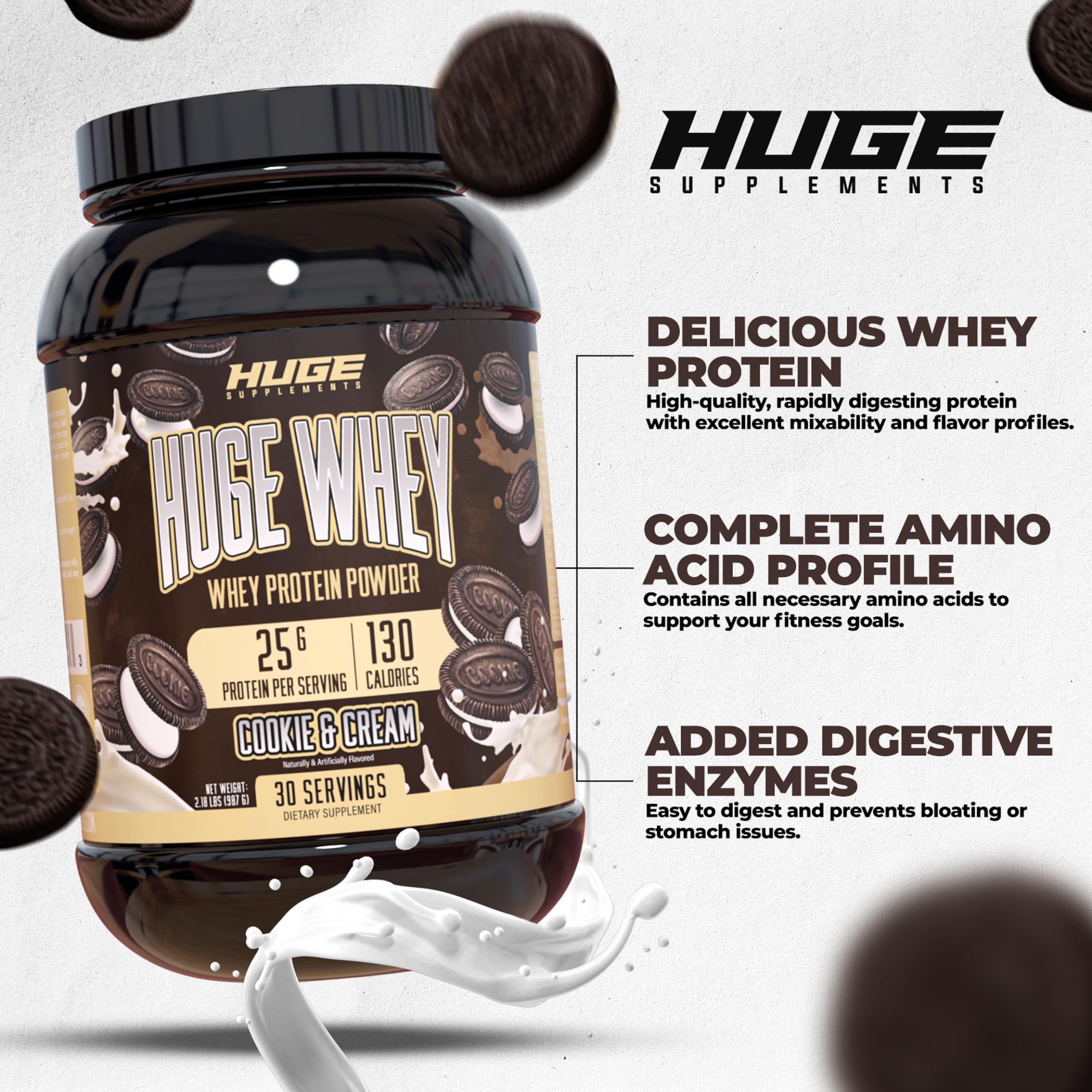 Huge Supplements Whey Protein Concentrate Powder, 25g Protein Per Serving, 5g BCAA Huge SupplementsUS supplements