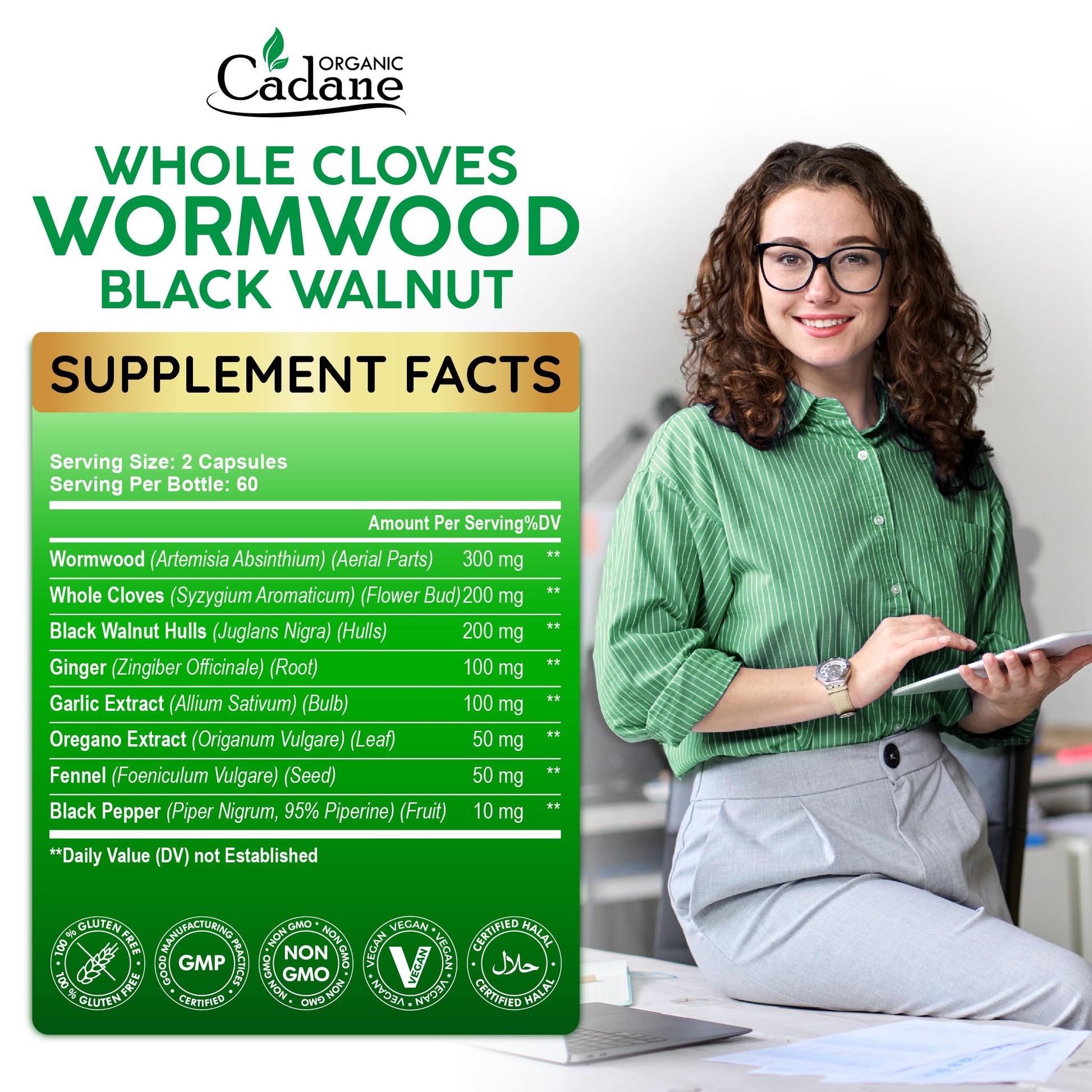 Cadane Wormwood Whole Cloves Black Walnut with Ginger, Garlic, Oregano, Fennel & Black Pepper | Digestive & Wellness Support | 120 Capsules – 60-Day Organic CadaneAu supplements