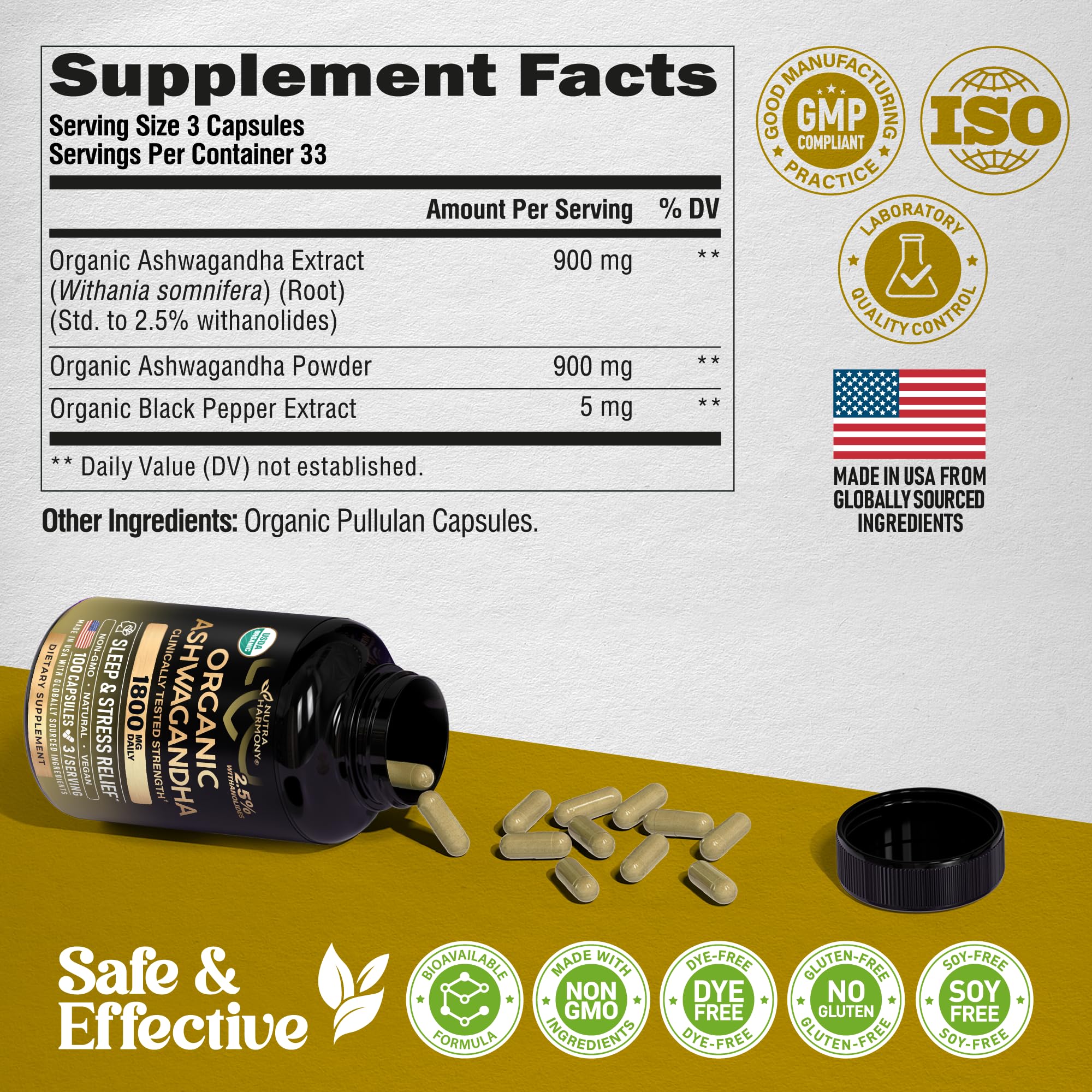 Ashwagandha Supplements 1800mg - USDA Organic Ashwagandha for Women & Men - Clinically Effective Strength for Stress Relief & Sleep - Powder & Root Extract 2.5% Withanolides - Made in USA 100 Capsules NUTRAHARMONYAu supplements