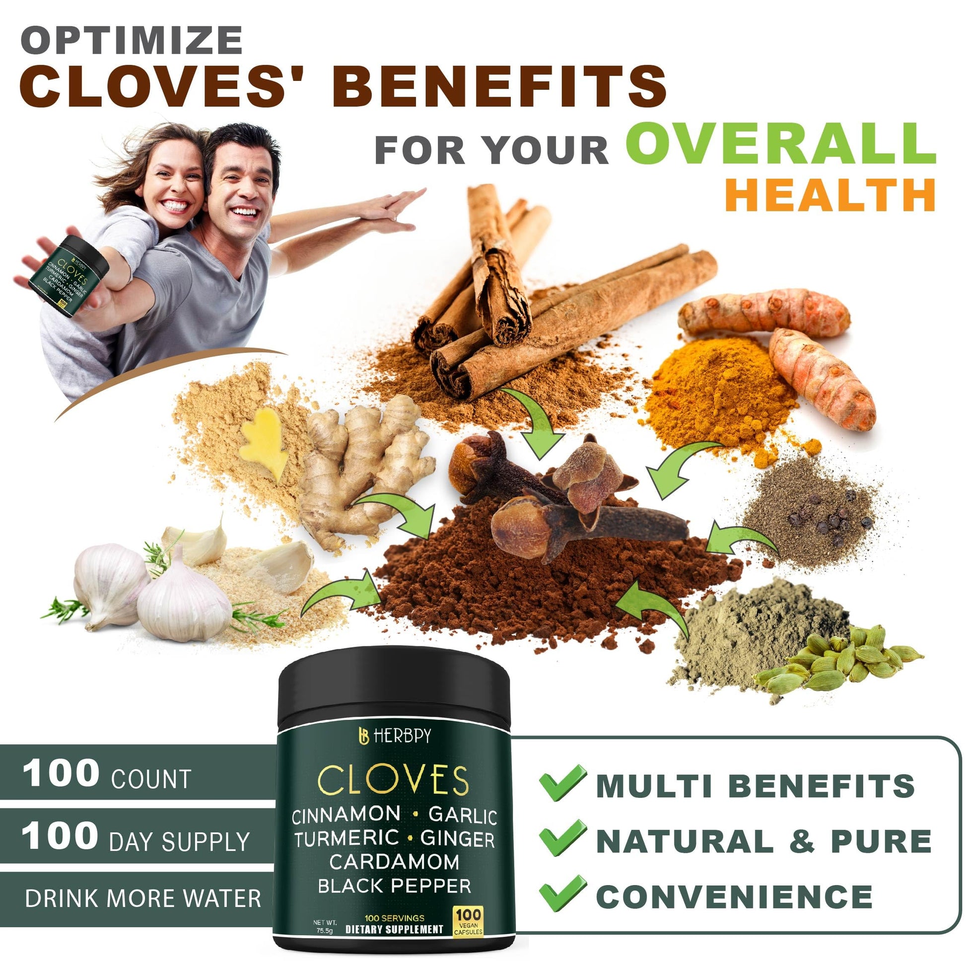 Herbpy 7in1 Clove Supplement Rich in Vitamins & Minerals Supports Digestion, Immune & Heart Health with Cinnamon, Turmeric, Ginger, Cardamom, Garlic & Black Pepper - 100 Vegan Capsules HerbpyAu supplements