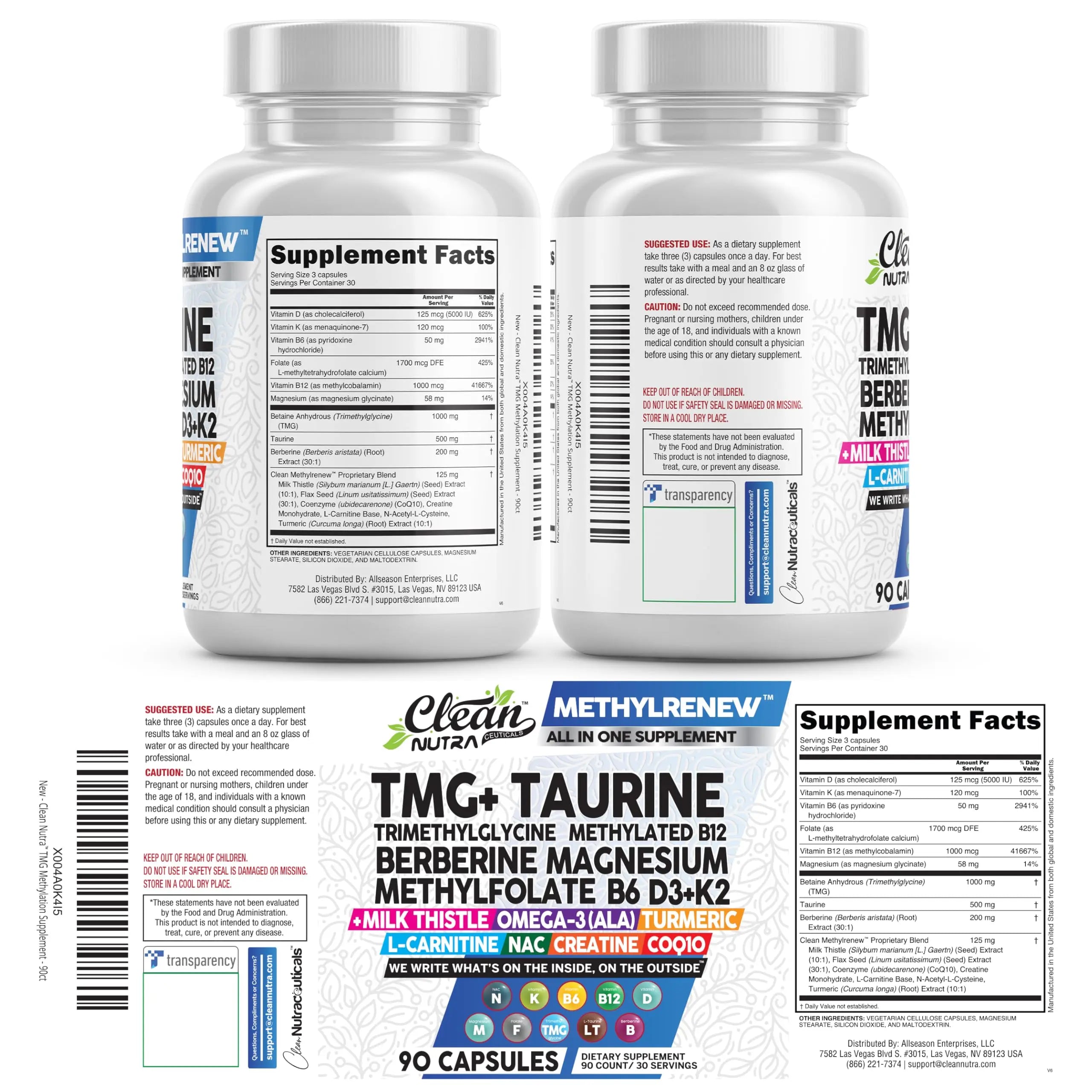 Clean Nutra TMG Supplements 1000mg | Methylated Multivitamin for Women Men | Taurine B6 Vitamins B12 D3 K2 Trimethylglycine Magnesium Clean NutraceuticalsAu supplements