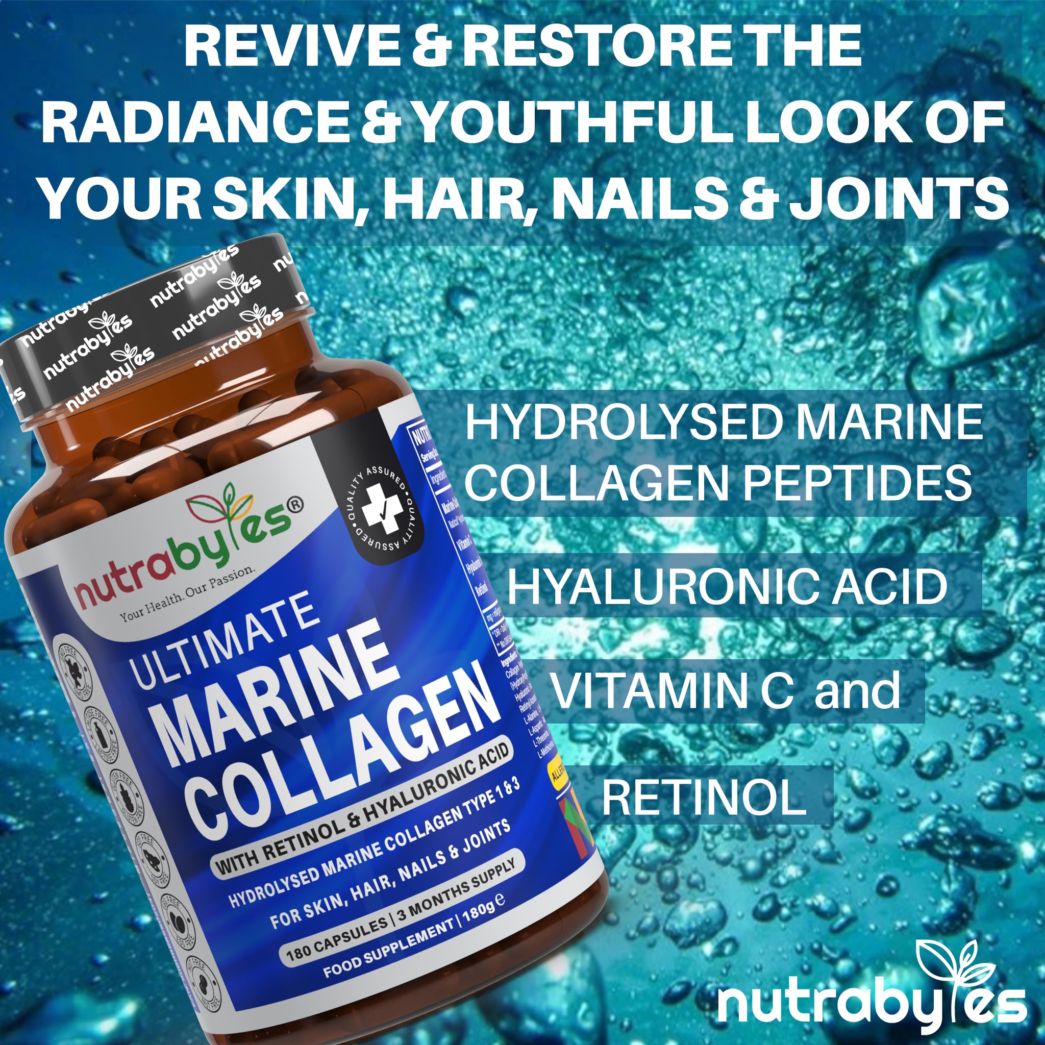 High Strength Marine Collagen with Hyaluronic Acid, Retinol and Vitamin C | 180 Capsules - 3 Months Supply NUTRABYTESAu supplements