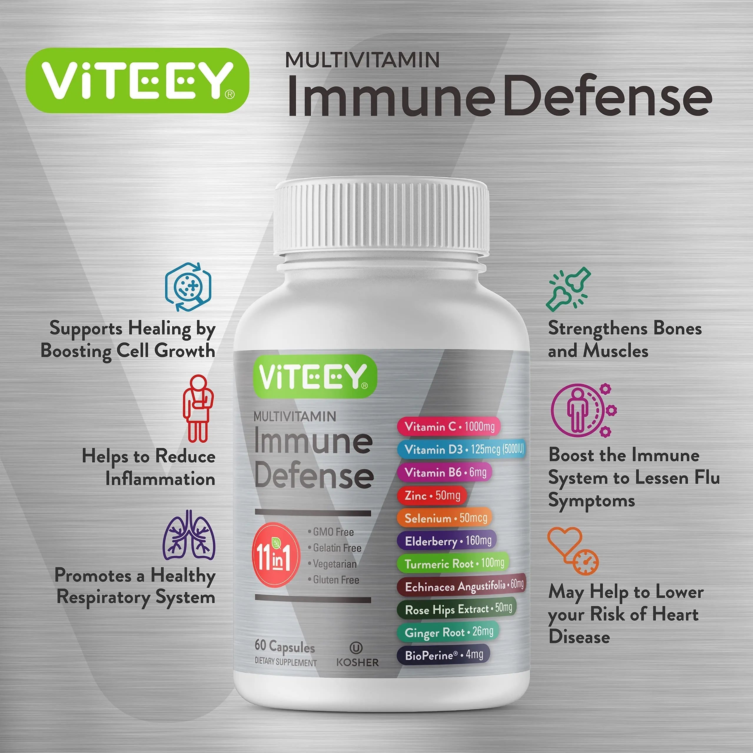 VITEEY 11 in 1 Immune Support Supplement - Immune Defense with Vitamin D3, B6, Echinacea, Turmeric, Rose-HIPS, Selenium ViteeyAu supplements