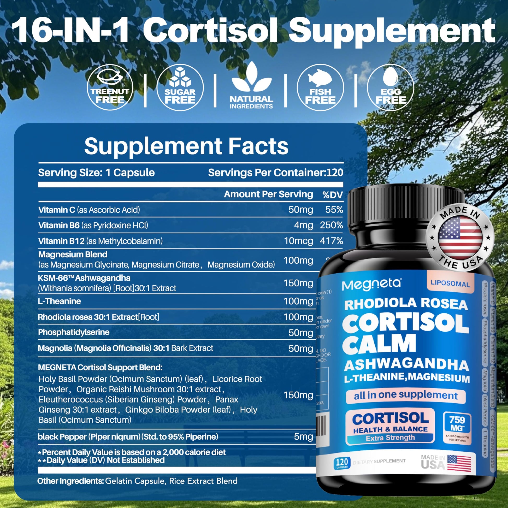 Cortisol Balance & Sleep Support for Women & Men – Natural Calm Formula with Magnesium, Ashwagandha & L-Theanine – Supports Restful Sleep, Relaxation, Focus & Healthy Cortisol Levels – 120 Capsules MEGNETAAu supplements