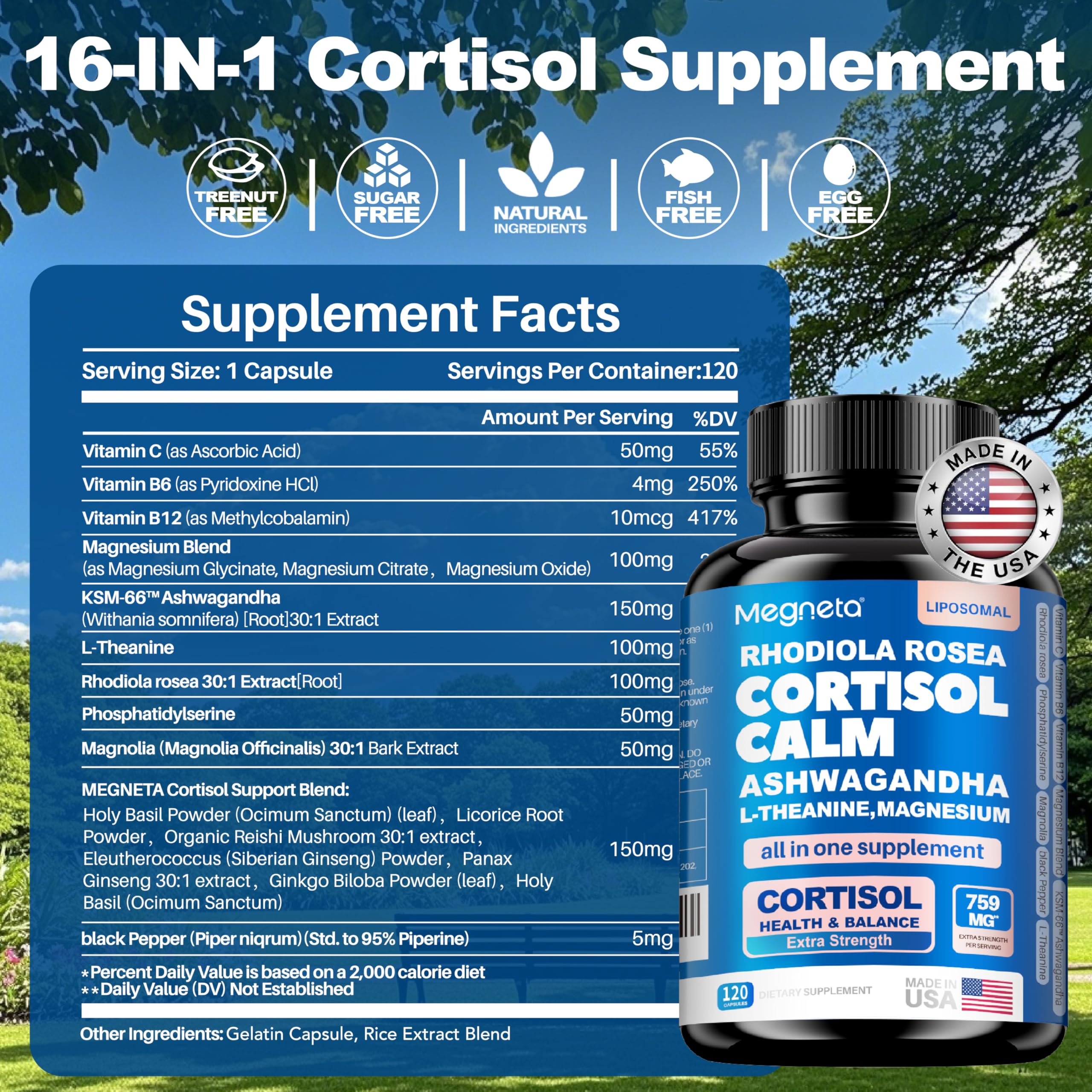 Cortisol Balance & Sleep Support for Women & Men – Natural Calm Formula with Magnesium, Ashwagandha & L-Theanine – Supports Restful Sleep, Relaxation, Focus & Healthy Cortisol Levels – 120 Capsules MEGNETAAu supplements
