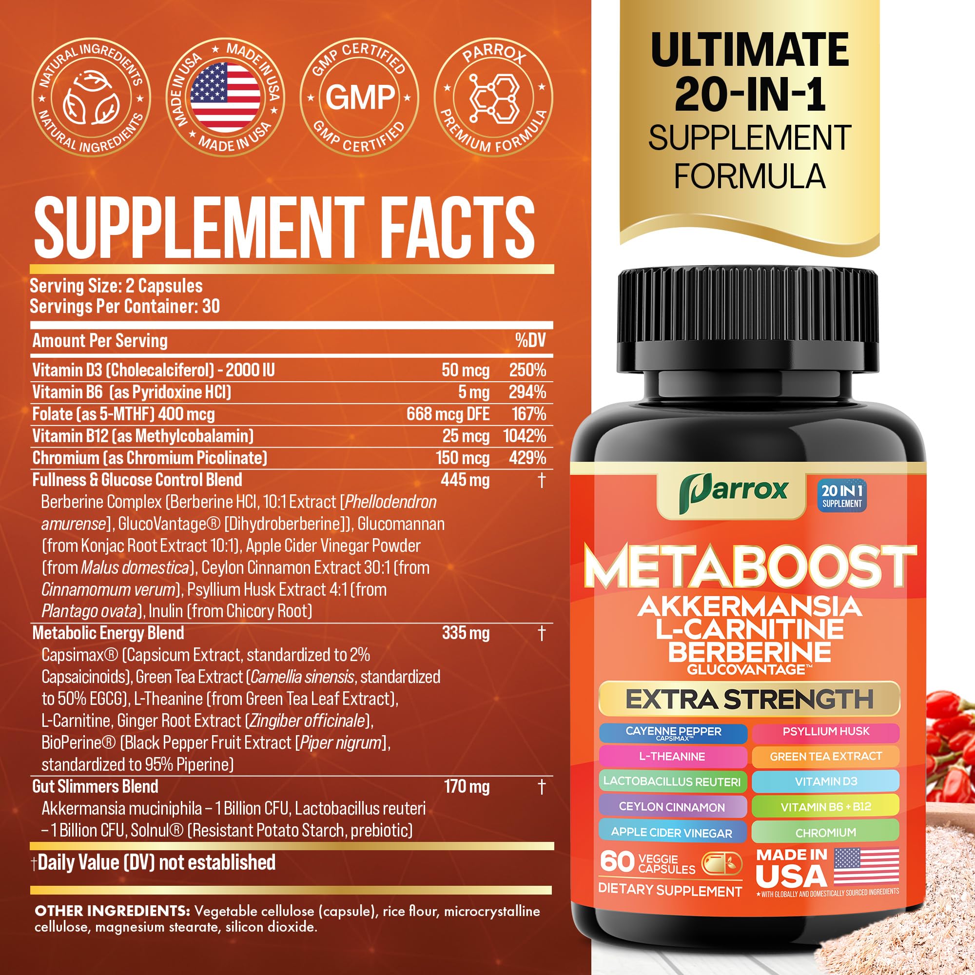 GLP-1 Booster Supplement, Akkermansia, L-Carnitine, Berberine (GlucoVantage), Methylfolate, Methylated B12, Chromium, Capsimax, Psyllium Husk, Probiotics Vitamins D3, B6, 20-in-1 Plant-Based (60 Caps) ParroxAu supplements
