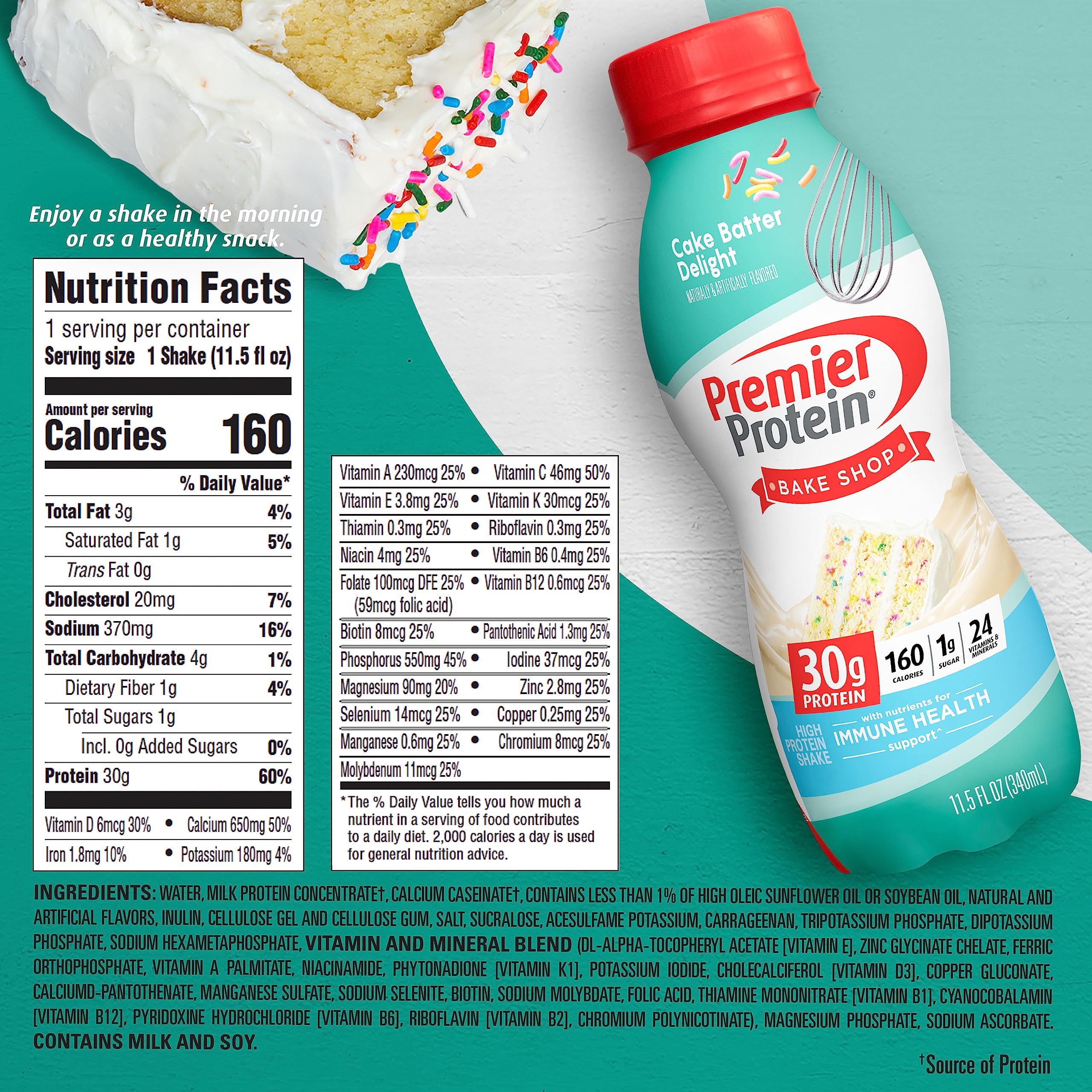Premier Protein Shake, Cake Batter, 30g Protein, 1g Sugar, 24 Vitamins & Minerals Premier ProteinUS supplements