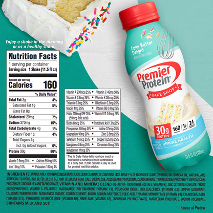 Premier Protein Shake, Cake Batter, 30g Protein, 1g Sugar, 24 Vitamins & Minerals Premier ProteinUS supplements