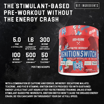 Ignition Switch Pre-Workout with CarnoSyn, TeaCrine, Infinergy, and AgmaMax, Long Lasting Axe & SledgeUS supplements