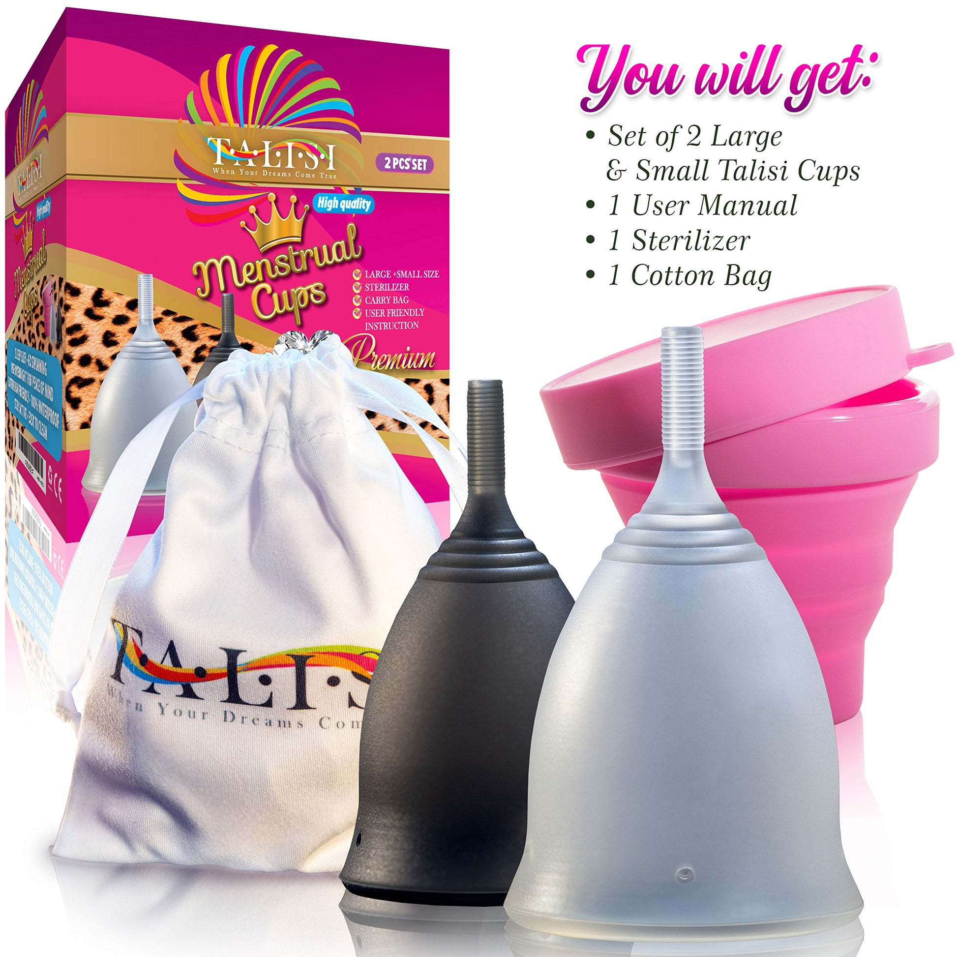 Talisi Soft Menstrual Cups Set of 2 - Reusable Period Cup for Women with Collapsible Case Holder Sterilizer TALISI WHEN YOUR DREAMS COME TRUEAu supplements