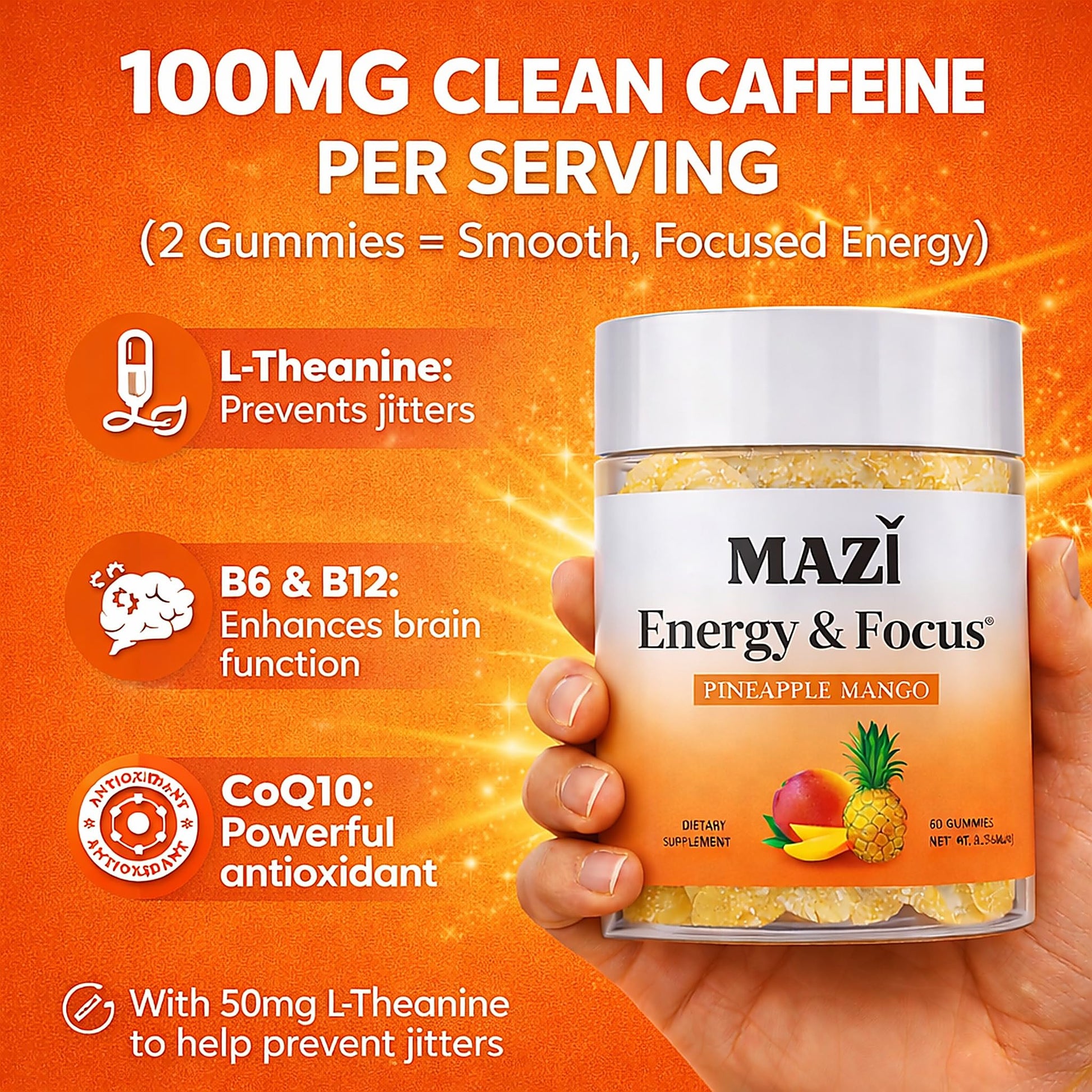 Energy & Focus Gummies | 100mg Natural Caffeine + L-Theanine + Vitamin B6 & B12 + CoQ10 | Nootropic Cognitive Brain Performance Supplement | No Crash or Jitters MAZIAu supplements
