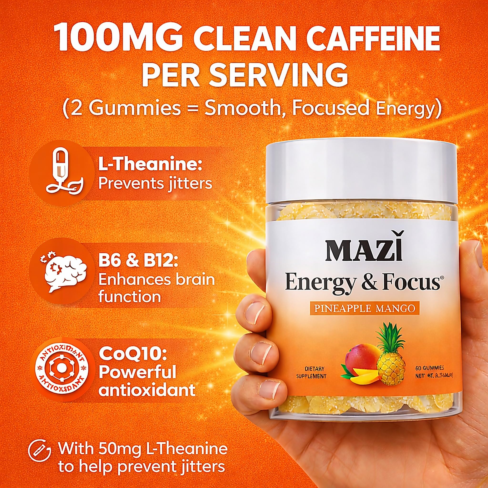 Energy & Focus Gummies | 100mg Natural Caffeine + L-Theanine + Vitamin B6 & B12 + CoQ10 | Nootropic Cognitive Brain Performance Supplement | No Crash or Jitters MAZIAu supplements