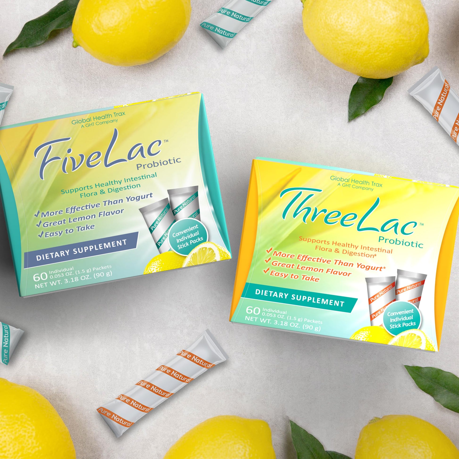 Global Health Trax GHT - FiveLac + Threelac Lemon Probiotic Powder Drink Mix, Probiotics for Women, Men, Kids, Smooth Digestive Support & Elimination, Relieves Constipation & Gas - 60 Packets, Non-GMO ght Global Health TraxAu supplements