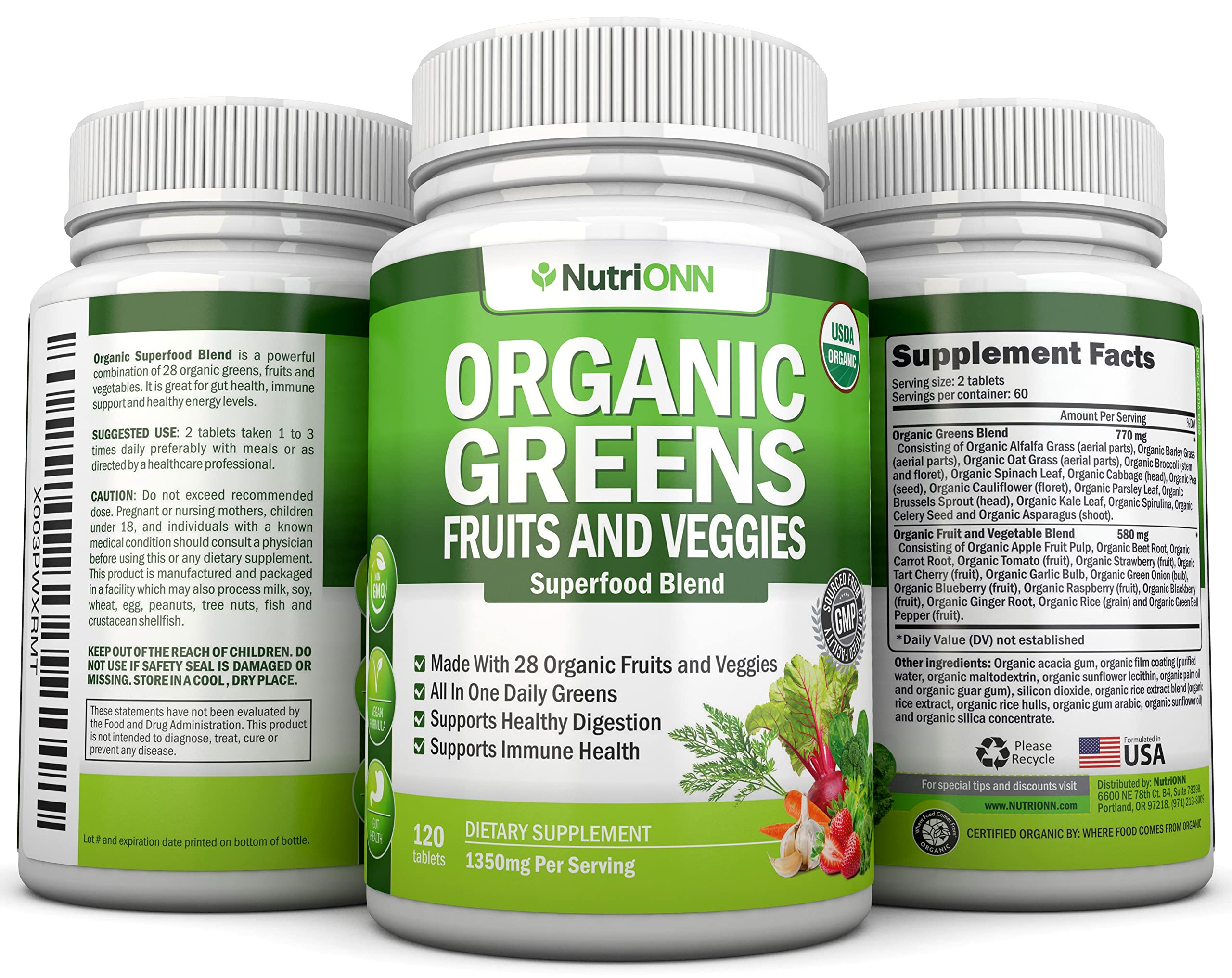 Organic Super Greens Capsules - Fruit And Vegetable Supplements - 120 Count - 28 USDA Organic & Vegan Premium Ingredients - Superfood Blend For Immune Health, Digestion & Energy - Whole Food Vitamins NutriONNAu supplements