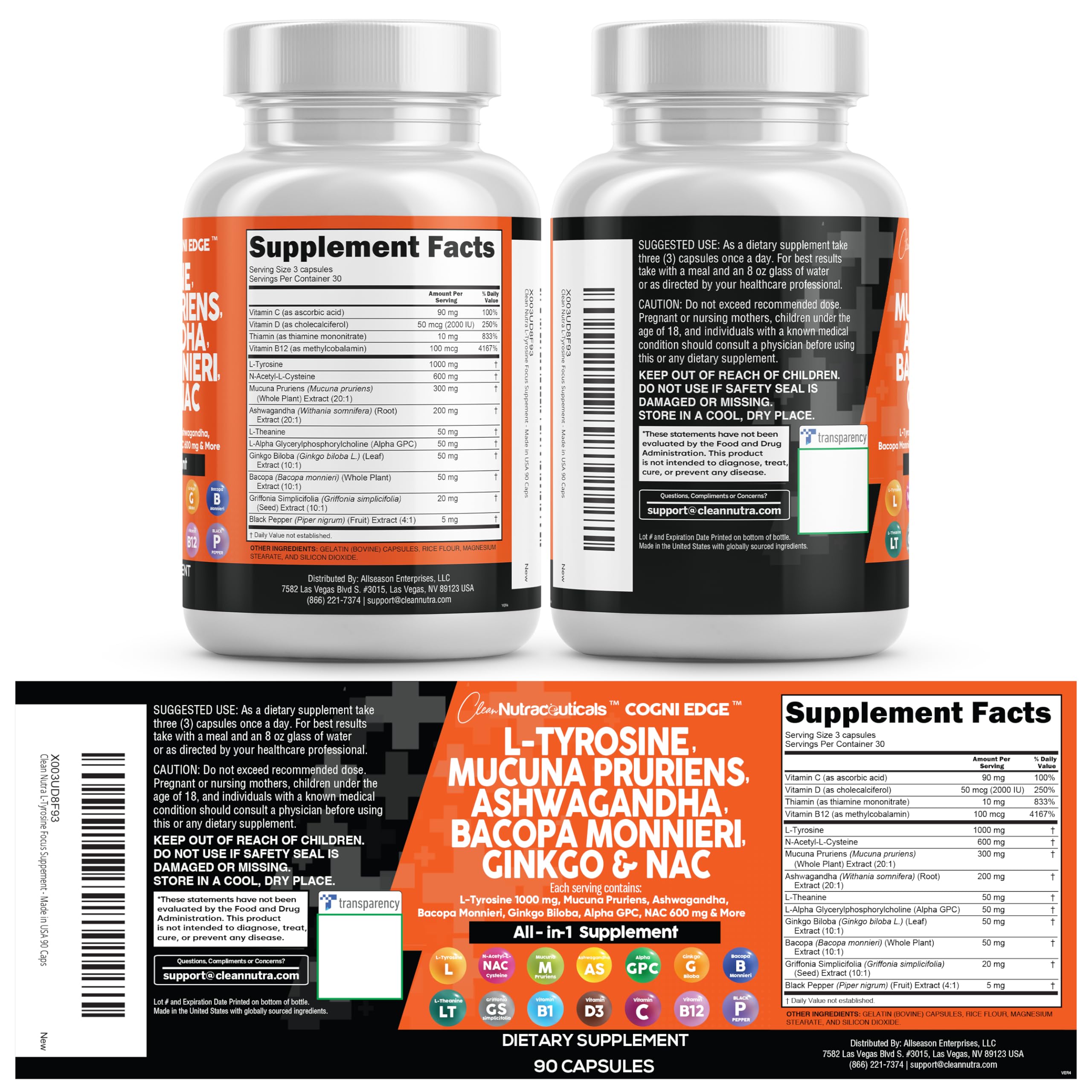 Clean Nutraceuticals L Tyrosine Mucuna Pruriens Bacopa Monnieri Ashwagandha Focus Supplement w/N-Acetyl Cysteine NAC 5-HTP Ginkgo Biloba Alpha GPC Vitamin C D B1 B12 Clean NutraceuticalsAu supplements