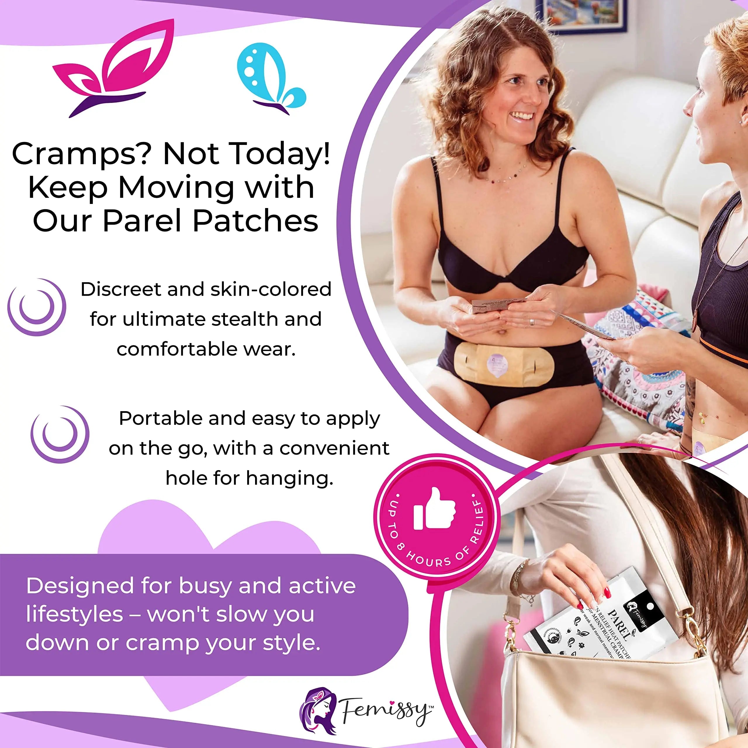 Heat Patches for Menstrual Cramps Based on Flow Strength, 10 Period Patches for Weak & Normal Flow & 1 Single Patch with Natural Herbs & Oils; Disposable Stick On Heating Pads Cramp-Free Period FemissyAu supplements