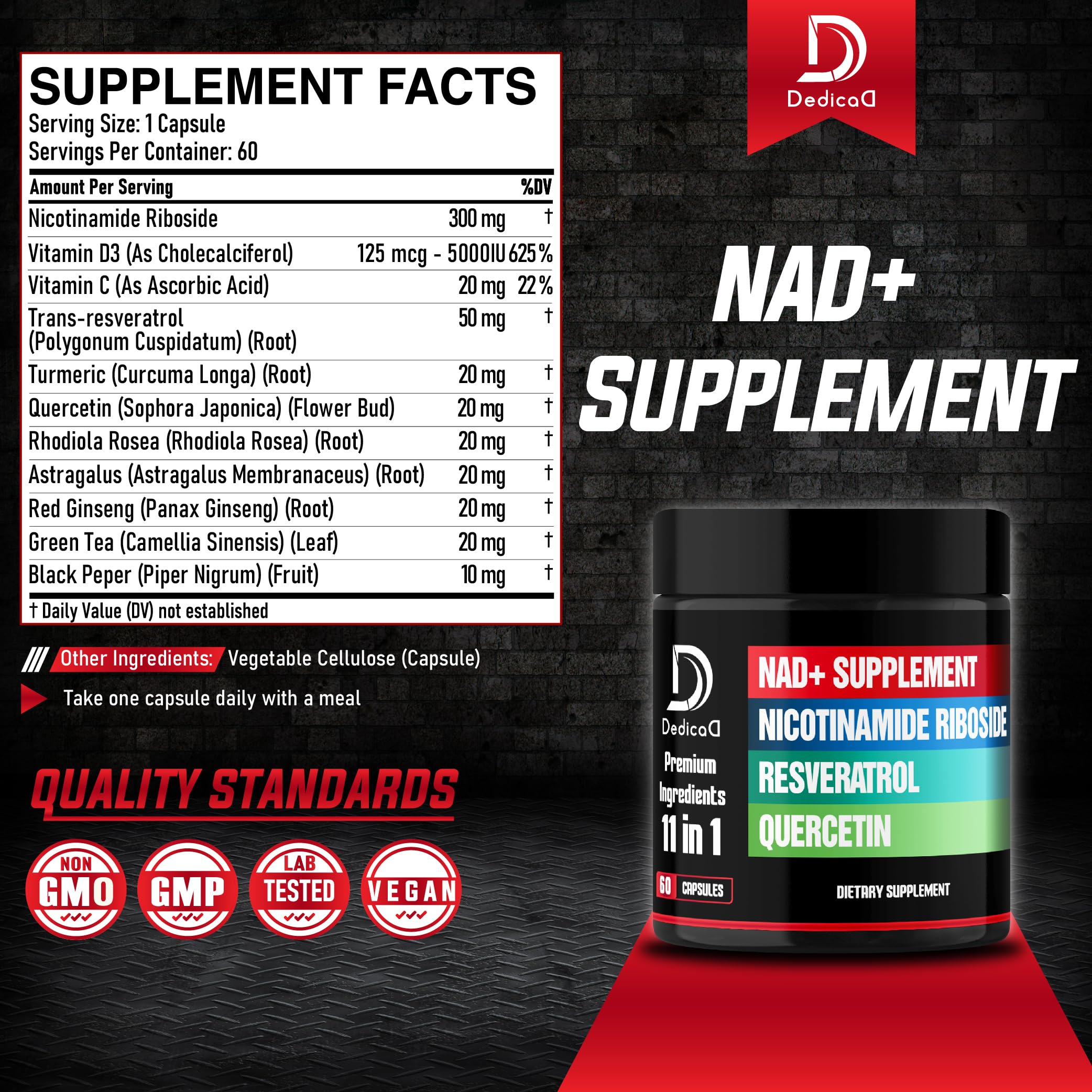 DEDICAD 11in1 NAD Supplement with Nicotinamide Riboside, Quercetin, Resveratrol and 8 More - 2 Month Supply DEDICADAu supplements