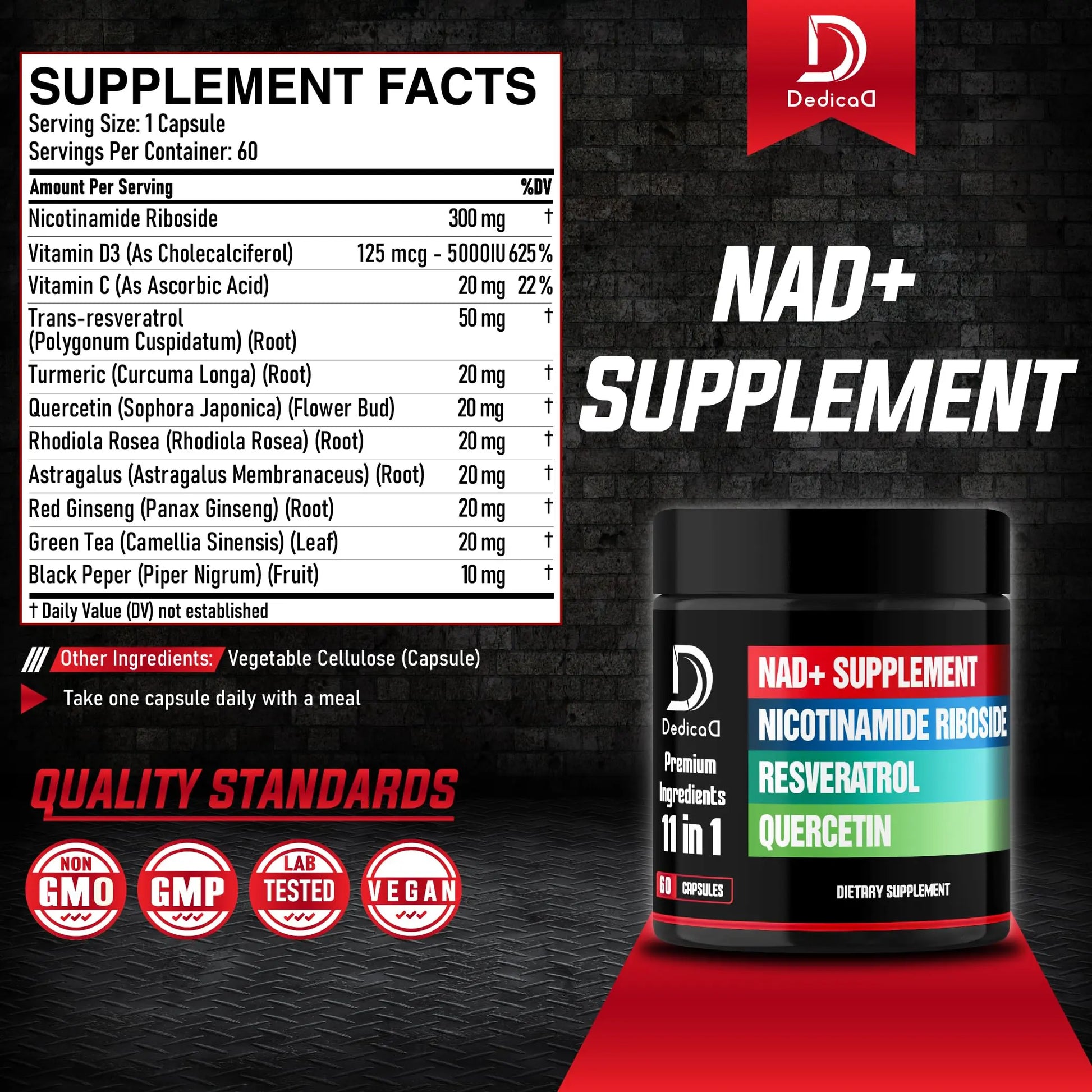 DEDICAD 11in1 NAD Supplement with Nicotinamide Riboside, Quercetin, Resveratrol and 8 More - 2 Month Supply DEDICADnz supplements