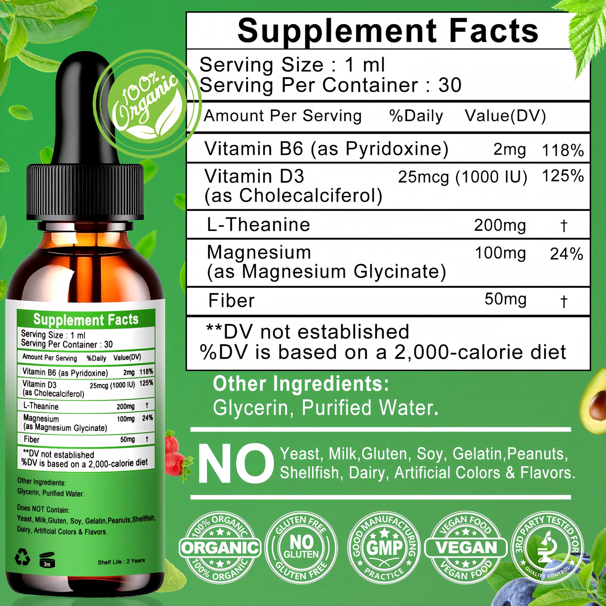 L Theanine Drops, Liquid L-Theanine Supplement 200mg w/Magnesium Glycinate,Vitamins,Fiber for Relaxation,Sleep,Digestion, Calm,High Absorption Mood Support for Adults & Kids,Plant Based,Non-GMO Vita letuoAu supplements