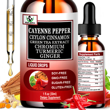 Cayenne Pepper Drops, High Absorption 6-in-1 Liquid Cayenne Pepper Supplement w/Ceylon Cinnamon, Green Tea Extract, Turmeric, Organic Liquid Drops Than Cayenne Capsules Powder Vita letuoAu supplements