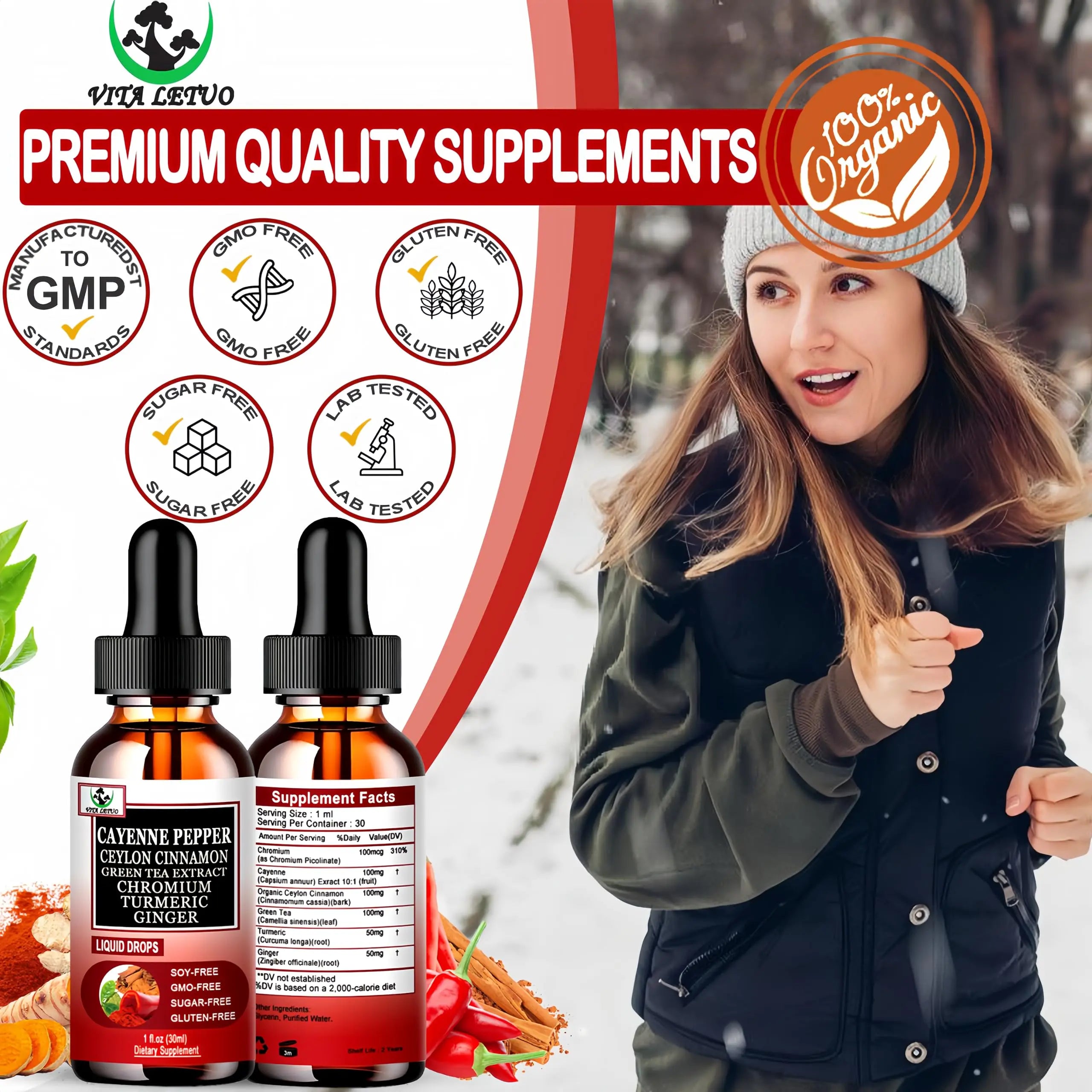 Cayenne Pepper Drops, High Absorption 6-in-1 Liquid Cayenne Pepper Supplement w/Ceylon Cinnamon, Green Tea Extract, Turmeric, Organic Liquid Drops Than Cayenne Capsules Powder Vita letuonz supplements