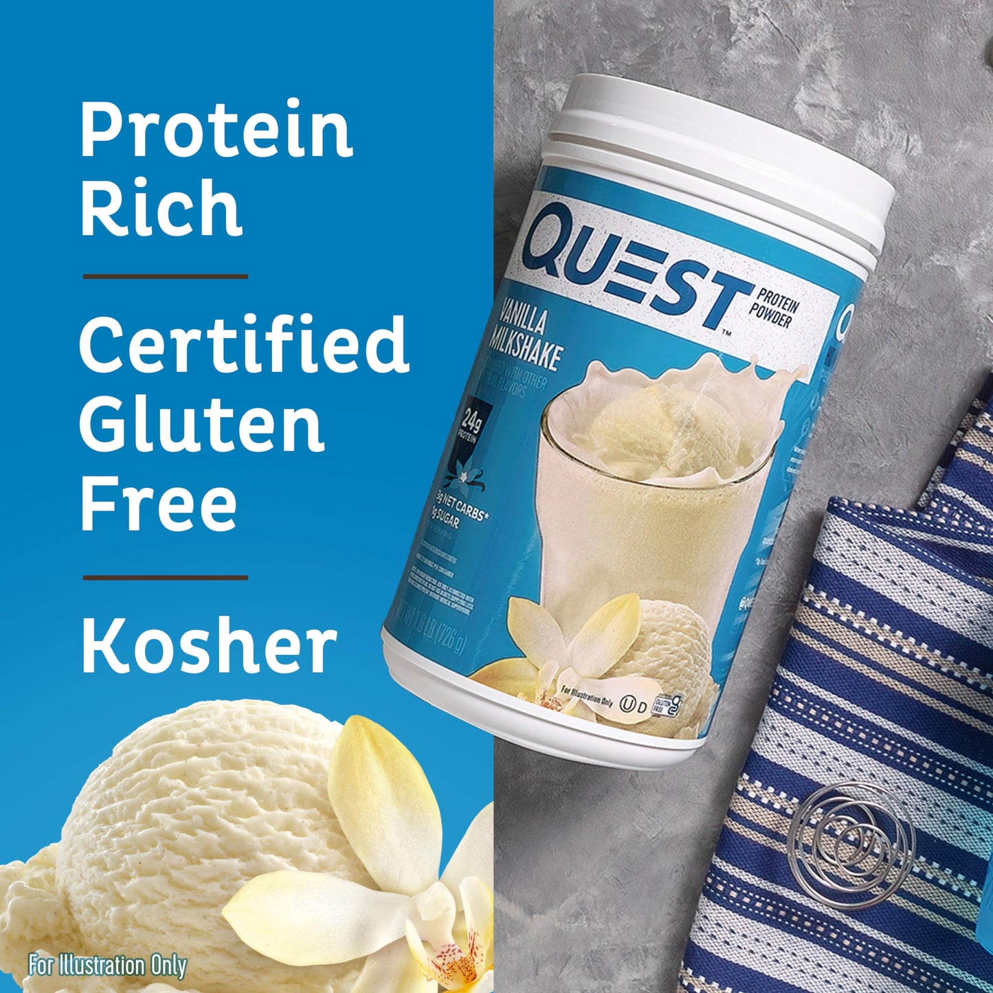 Quest Nutrition Vanilla Milkshake Protein Powder, 24g of Protein, 1g of Sugar, Low Carb, Gluten Free, 1.6 Pound, 23 Servings QuestUS supplements