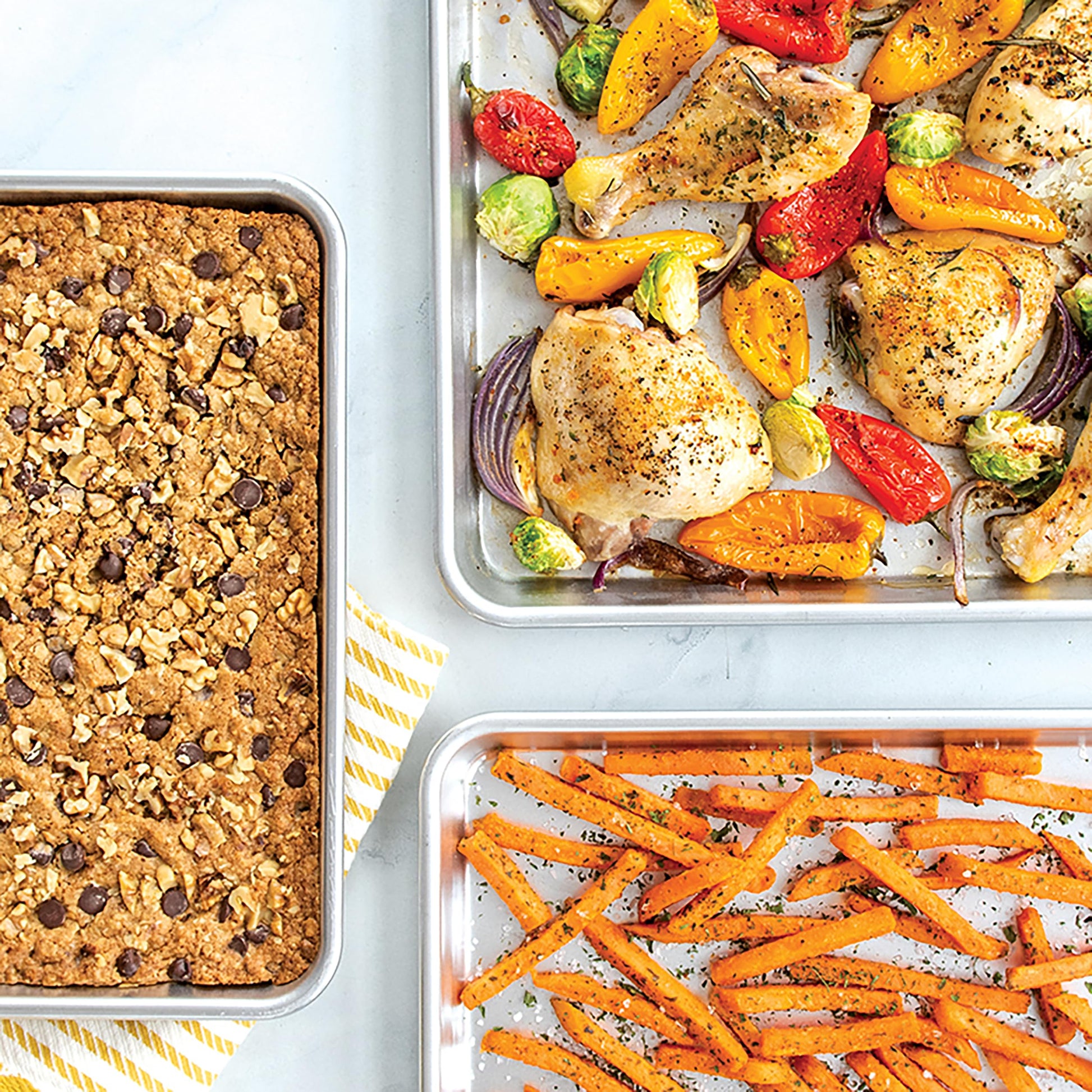 Nordic Ware Naturals 3 Piece Set - USA Made Aluminum Commercial Quality Sheet Pan for Baking or Roasting, Encapsulated Galvanized Steel Rim Prevents Warping; Half Sheet, Jelly Roll and Quarter Sheet Nordic WareAu supplements