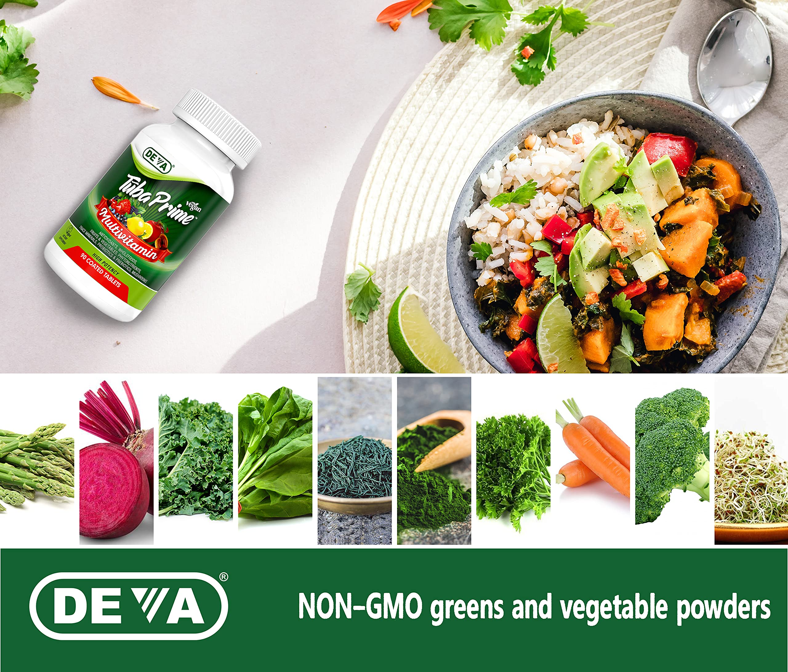 DEVA Tuba Prime Vegan Multivitamin - High-Potency Vitamin and Mineral Dietary Supplement - Antioxidants, Fruit and Vegetable Blend, Super Mushrooms, Probiotics, Prebiotics, Seeds, Herbs - 90 Tablets DEVAAu supplements
