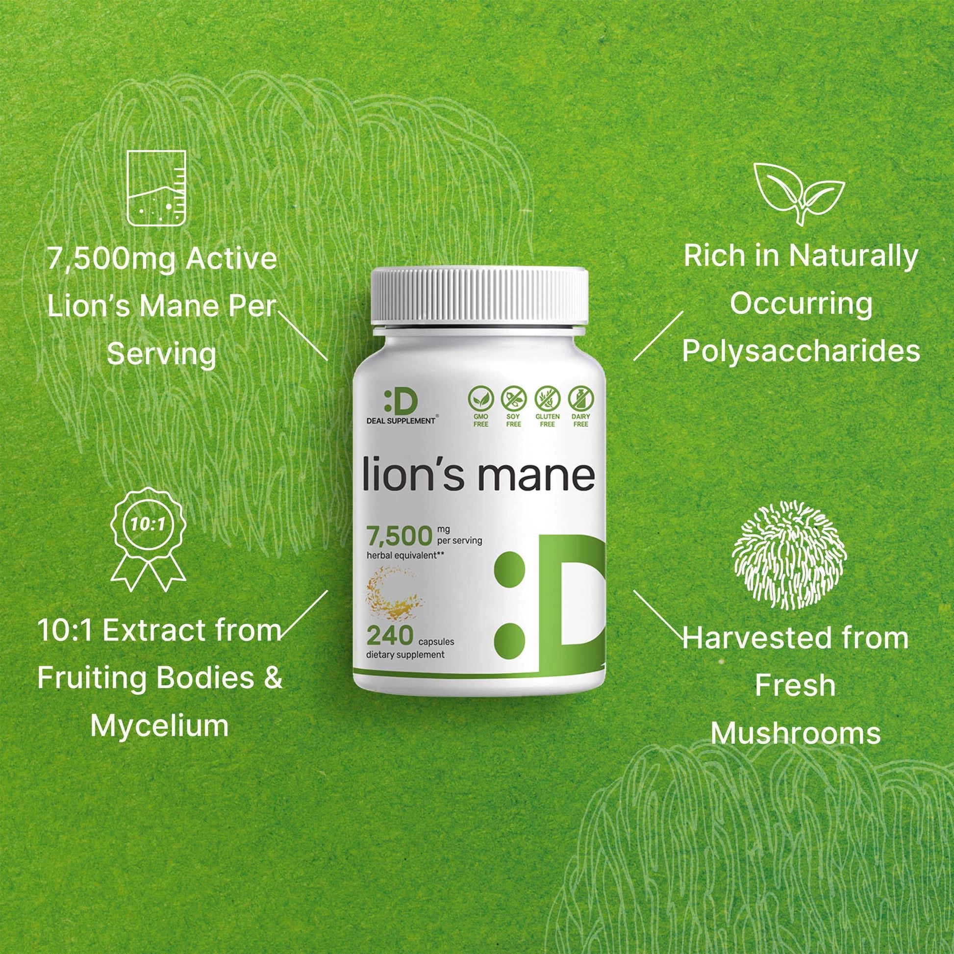 Lions Mane Mushroom Supplement, 7,500mg Per Serving, 240 Capsules – Active Fruiting DEAL SUPPLEMENTAu supplements