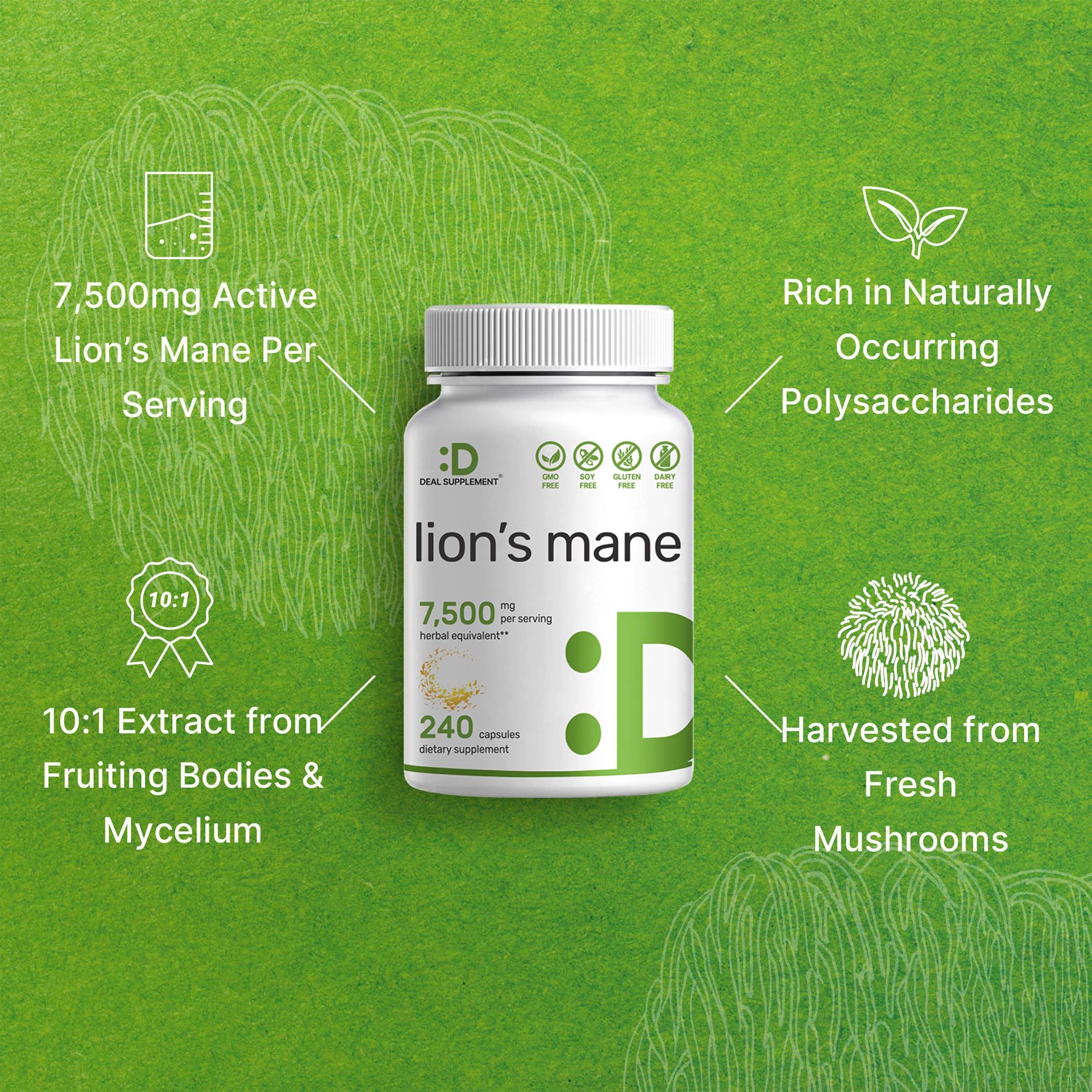 Lions Mane Mushroom Supplement, 7,500mg Per Serving, 240 Capsules – Active Fruiting DEAL SUPPLEMENTAu supplements