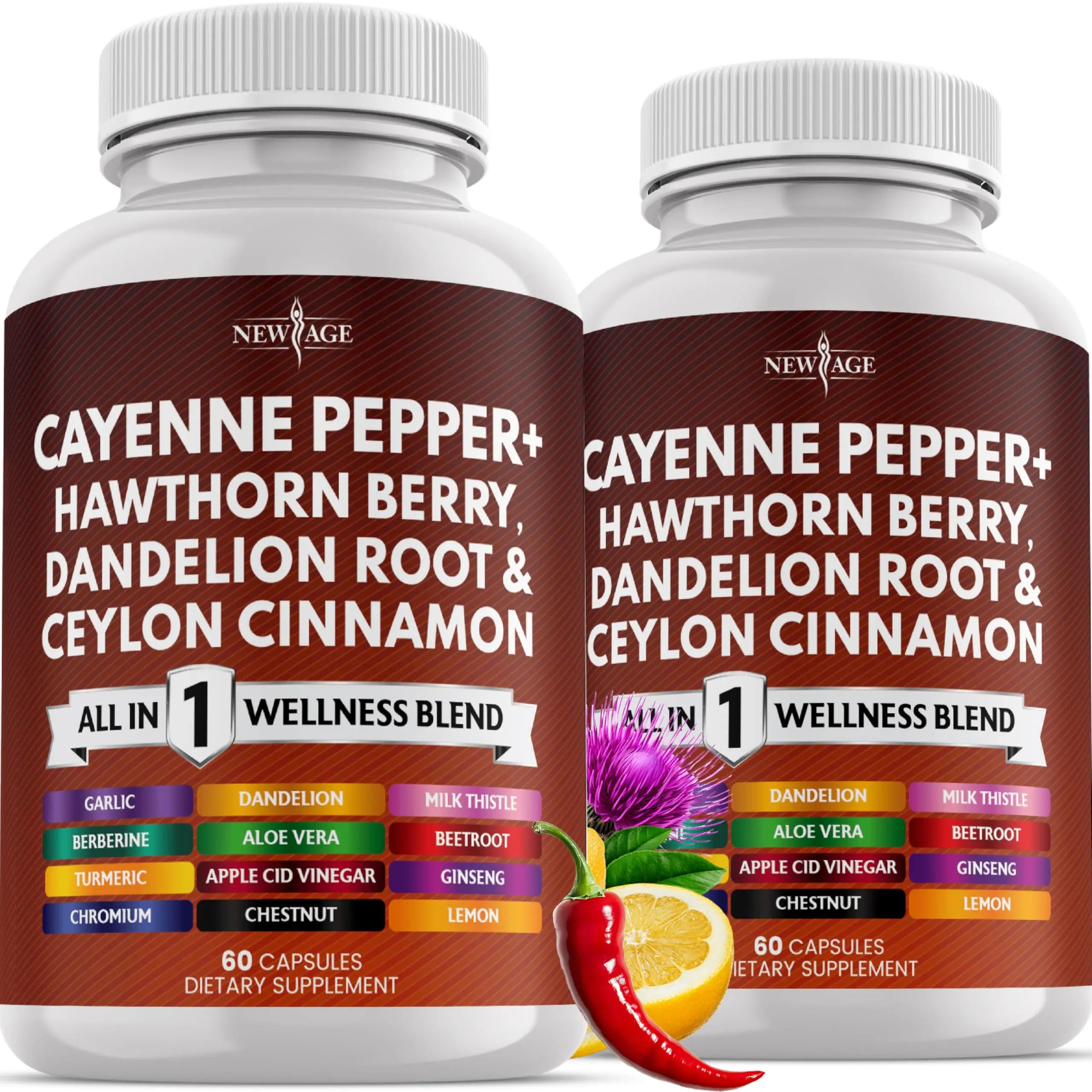 NEW AGE Cayenne Pepper Capsules Supplement with Hawthorn Berry, Dandelion Root, Ceylon Cinnamon, Garlic, Ginger, ACV, Milk Thistle, Beet Root, Aloe Vera - 120 Count NEW AGEAu supplements