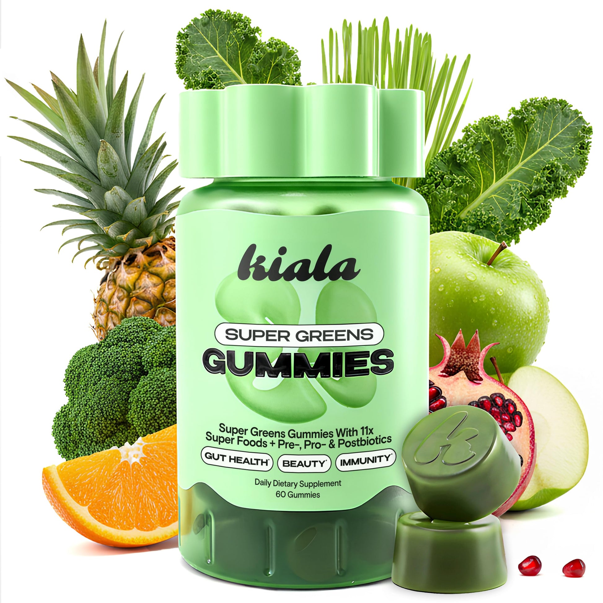Kiala Nutrition Super Greens Gummies with 11x Organic Greens, Pre, Post & Probiotics, Antioxidants, Multivitamin, Fiber Supplement Supports Gut Health & Digestion, Dairy Free, Vegetarian, 60 Count Kiala NutritionAu supplements