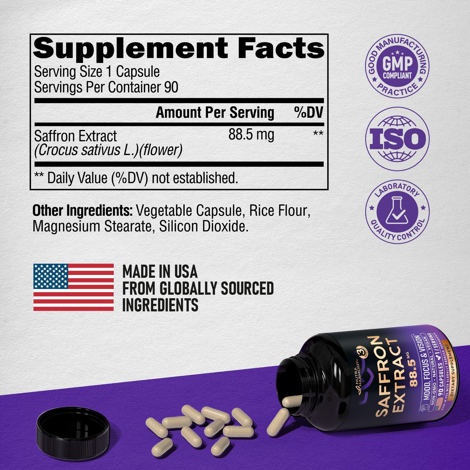 Natural Saffron Supplements - Pure Saffron Extract 88.5 mg - Made in USA - Mood | Focus | Vision | Energy Support - Eye Health for Women & Men - NonGMO Vegan Pills - 90 Powder Capsules, 3 Month Supply NUTRAHARMONYAu supplements