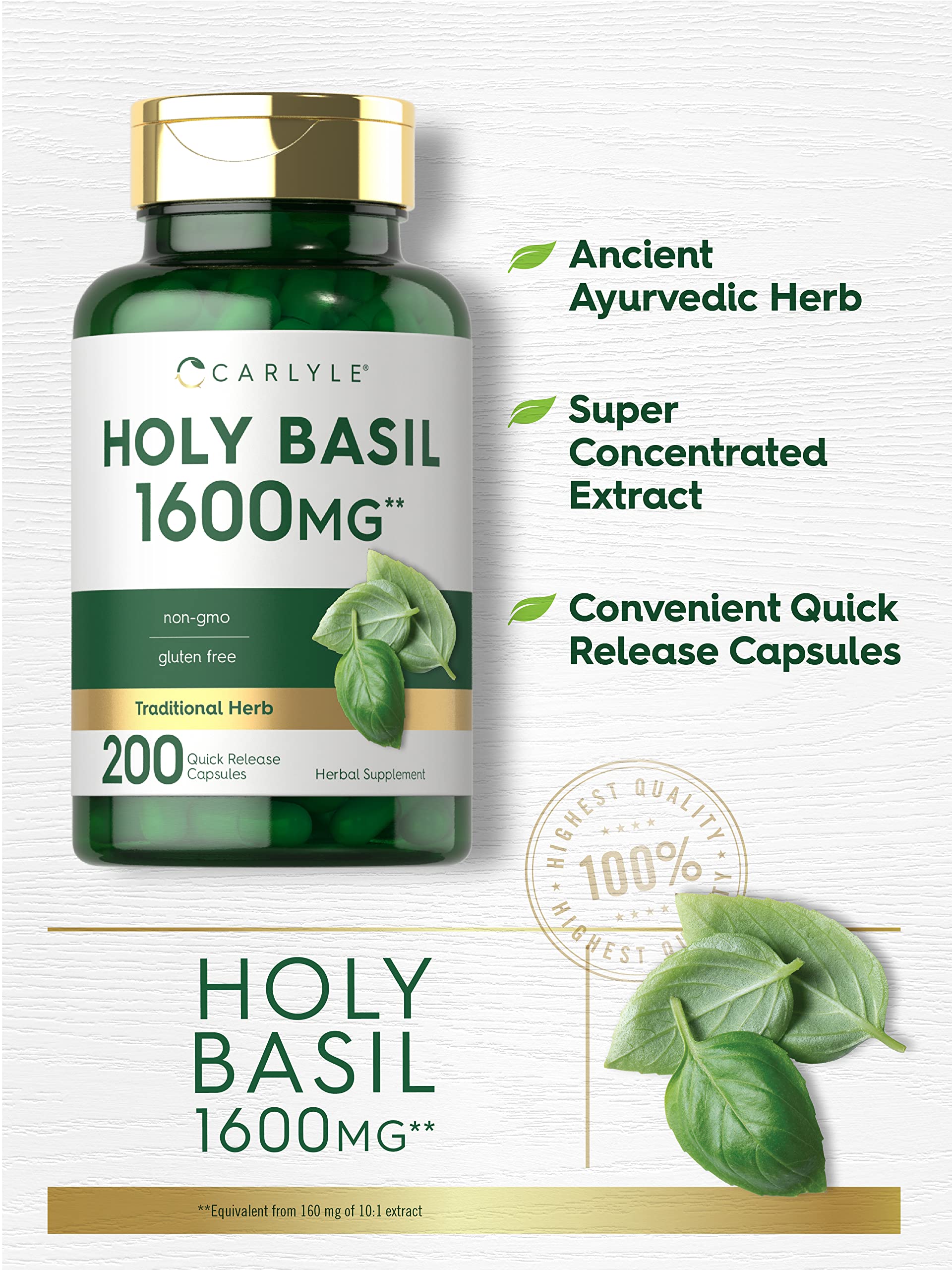 Carlyle Holy Basil Capsules 1600 mg | 200 Count | Tulsi Holy Basil Leaf Extract | Herbal CarlyleAu supplements