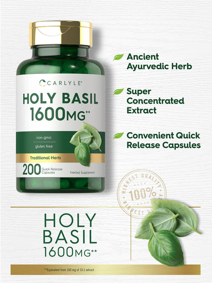 Carlyle Holy Basil Capsules 1600 mg | 200 Count | Tulsi Holy Basil Leaf Extract | Herbal CarlyleUS supplements