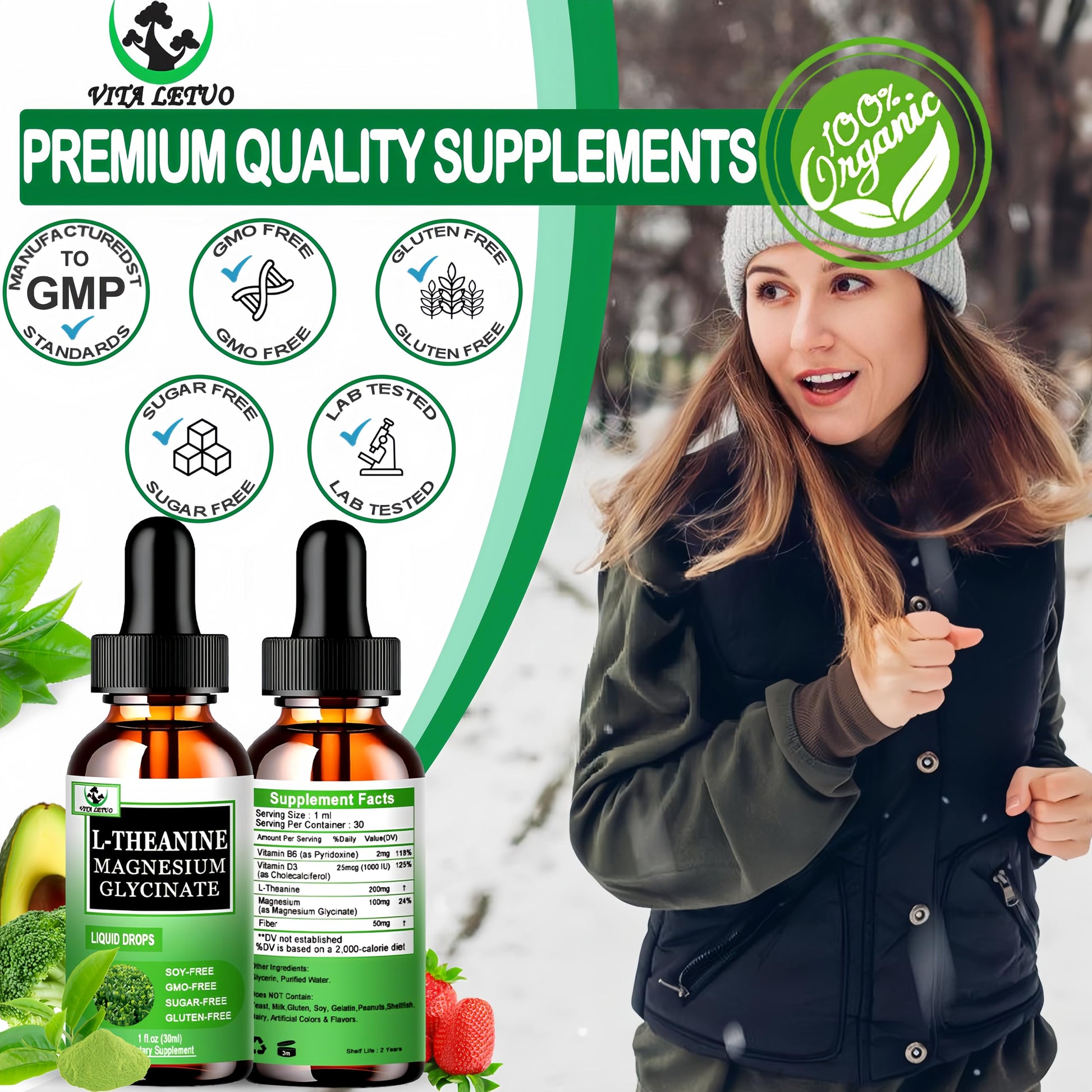 L Theanine Drops, Liquid L-Theanine Supplement 200mg w/Magnesium Glycinate,Vitamins,Fiber for Relaxation,Sleep,Digestion, Calm,High Absorption Mood Support for Adults & Kids,Plant Based,Non-GMO Vita letuoAu supplements